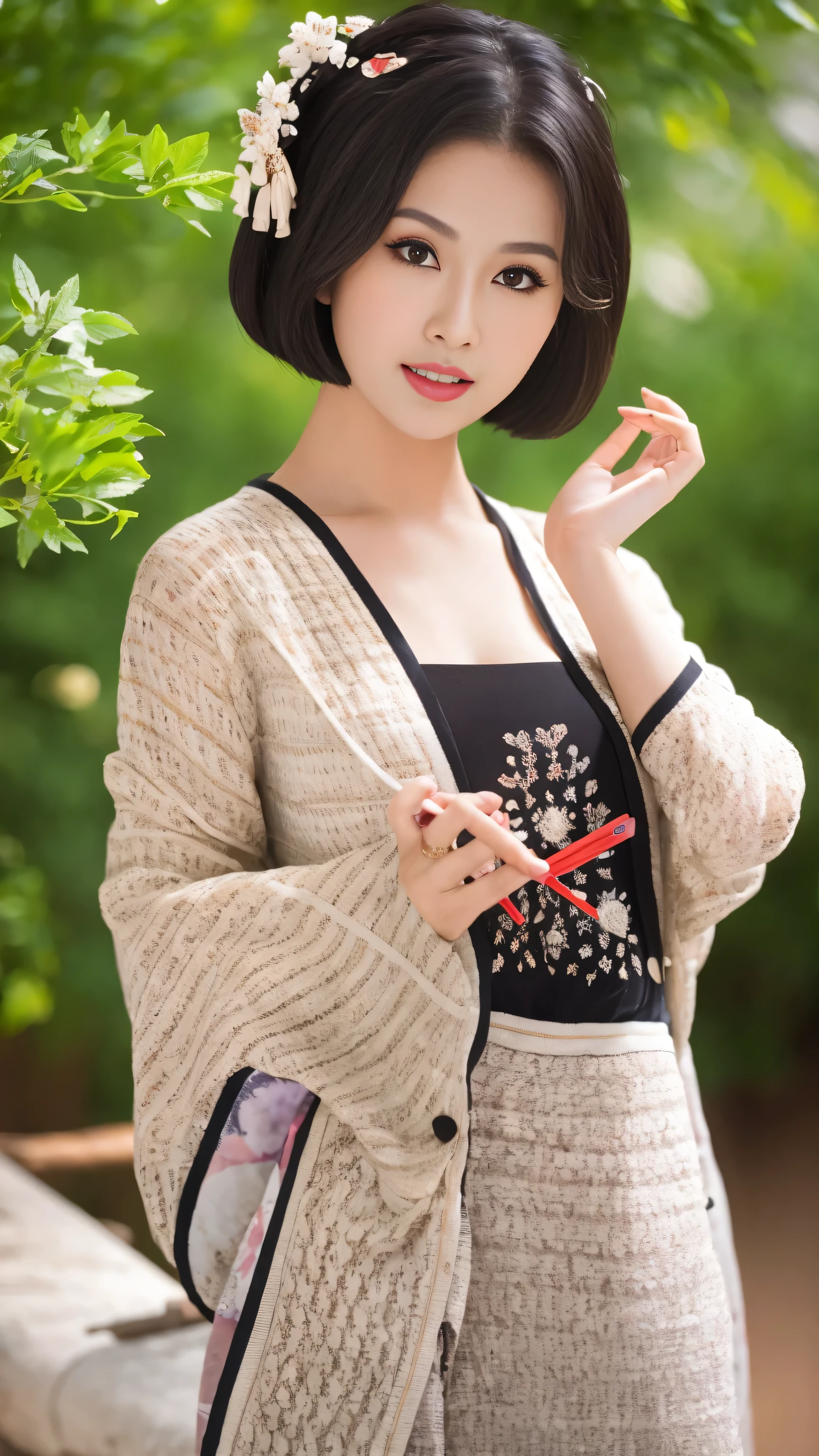 best picture quality,facial focus,soft light,ultra high resolution,(Photoreality:1.4),original photo,Highlight the valley Japanese girl,cute,(pupil,There is light in the eyes),Delicate and beautiful face,(Big ),(High-resolution detail of human skin texture),frolicking,cute的笑容,black and white patterned sweater (short bob white hair)、black and white patterned sweater、cow horn、leering、shiny skin、cute的笑容、In the straw of the prairie、 Damask shirt dress, (portrait)