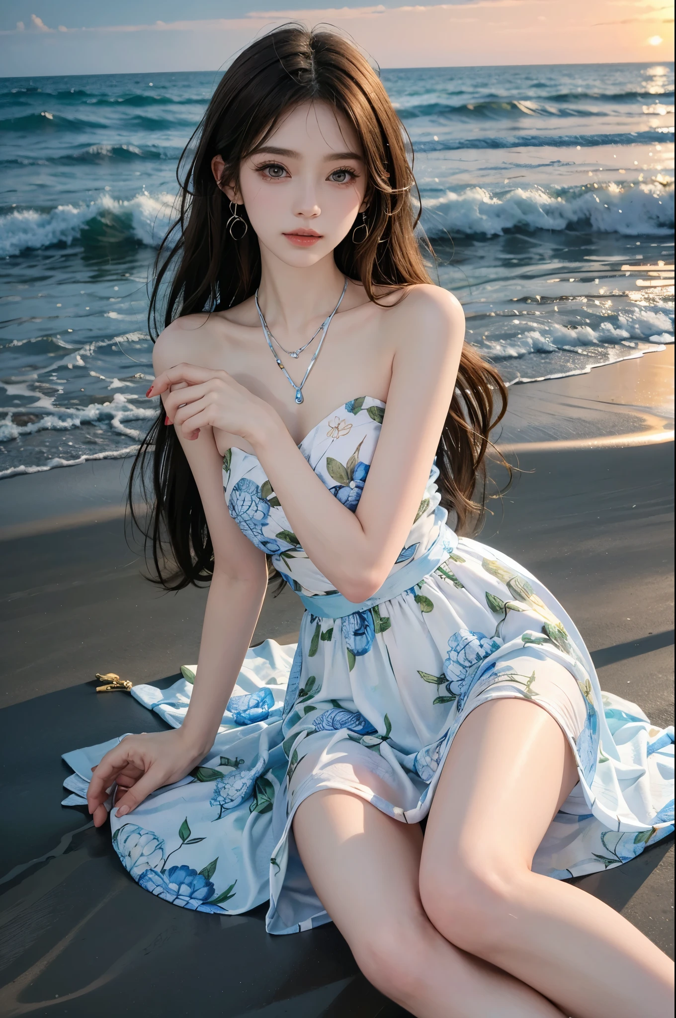 bare shoulders, dress, ((real)), yushuxin,1girl,solo, A young girl, Beautiful teenage girl, Slim, thin waist, High heel, Shy, Grinning, earrings、necklace、hairpin，Heavy makeup，Gorgeous eye makeup，Eyes are very beautiful, blond hair, curls, long flowing hair, seaside, on the beach, Lying on the beach,   mess up your hair, Posing for photos, Pose gracefully, Random shooting angle, warm light, Warm color palette, professional lighting, photon mapping, radio city, Physically based rendering, original photo, best quality, beautiful face, beautiful skin， attractive， ultra high resolution， Super real photos