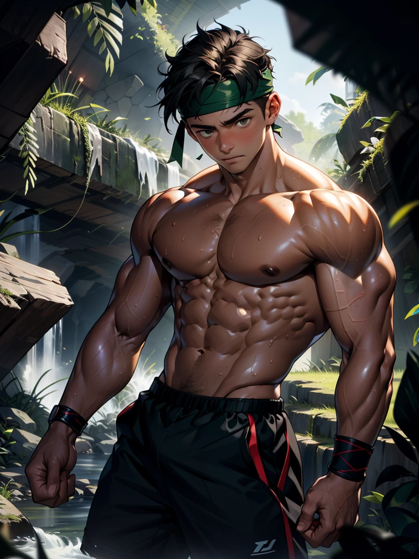 (Masterpiece, Best quality, 18 year old boy, 8k, ultra-detailed, (bust shot)), (from front, looking away, worm eyes, thin lips), (1 boy, solo), Young, (teenager), (Dark Short straight hair, under cut, black eyes), Shirtless, topless, (Green headband, Black wristband), (Depth of field:1.2), (Abs, chest, upper arms), (topless male), man with martial arts stance, athretic body, (background: inside caves, night), sweat