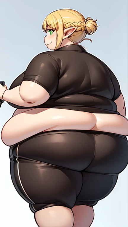 1 solo girl, chubby erufuda, short hair, pointy ears, obese elf, blonde hair, (green eyes:1.5), braid, chubby body, ((Perfect body)), smile, hot, chubby belly, thick thighs, very cute, profile picture, 4K