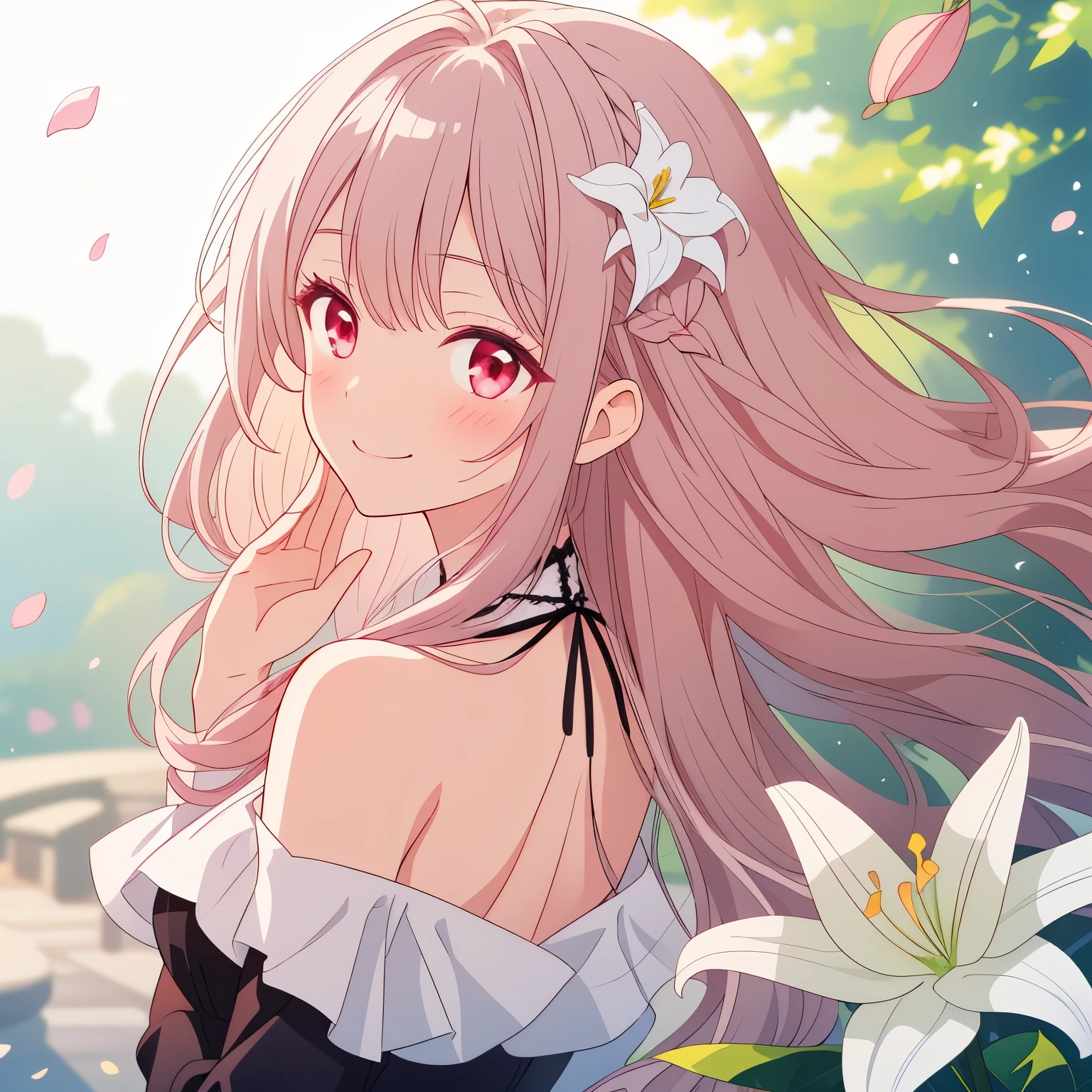A beautiful gorgeous coquettish woman, maturer long face, in a black white dress, with light ash pink long hair, dark black blood red eyes, a little blushing smiling, lots of flowers around her, The wind blew lightly brushing through her hair, flower petal falling ,looking over her shoulder, from behind, looking at camera, a white lily on her hair, a bounch of rose in her hands close to her face