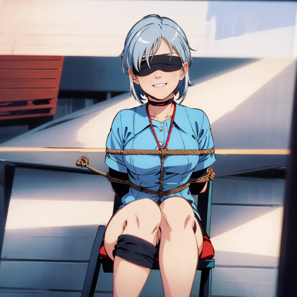 (ultra-realistic, highres, best quality, 4k, professional, cowboy shot, beauty sky, in the night, blindfold, bondage), an illustration in Full HD that showcases a 21-year-old girl's cool style, beauty eyes, sharp eyes. Her Asymmetric Pixie hairstyle, silver hair, short hair, and left-facing bangs with red highlights make her stand out, Smile, blushes, She's dressed fashioned clothes, short pants, bondage, rope bondage, full body bondage, blindfold, sitting on the chair, beauty sky, in the night, exuding confidence and individuality.
