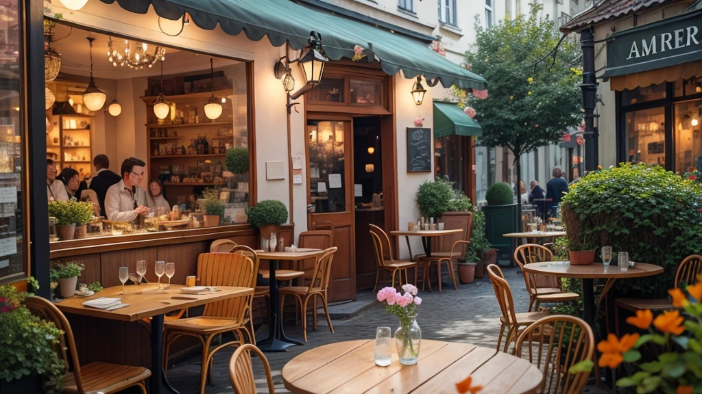 There is a restaurant with tables and chairs under the tree, inside a french Cafe, pleasant cozy atmosphere, cozy Cafe background, Cafe, dreamy atmosphere, in a sidewalk Cafe, by Karl Völker, in a bright Cafe, magical atmosphere, by Dietmar Damerau, cozy atmosphere, dreamy atmosphere and drama, Cozy place, un restaurant avec une terrasse