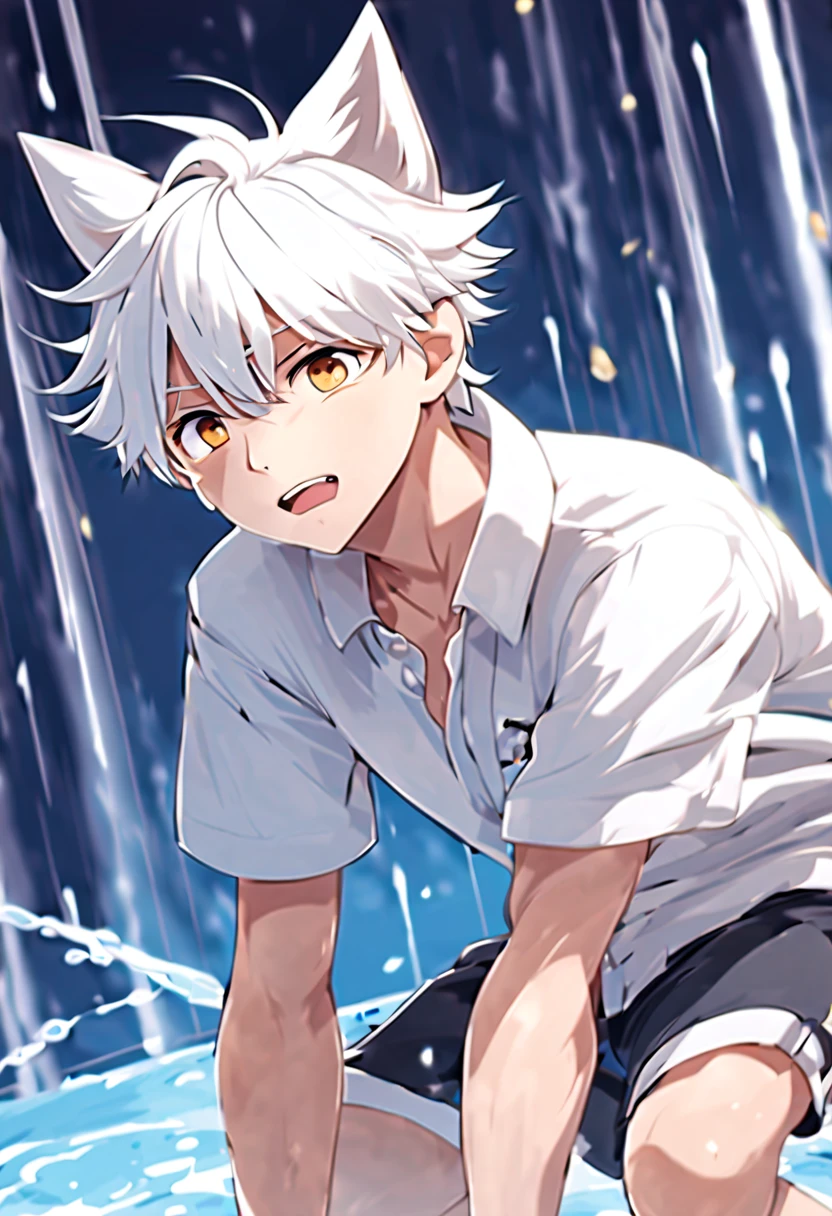 masterpiece，best quality，8K quality，unparalleled clarity，best strokes，full body character，panoramic，telephoto lens， delicate face，Fine fingers of a boy，sports student，Handsome boy，Lovely，12 years old，Shota，abdominal muscles（0.5），anime characters，White fox ears，heterochromatic eyes，look at the audience，sneering，male focus，Gray hair is messy，Take a shower in the shower，not wearing tops，Wear white shorts，The crotch is bigger，Clear background image