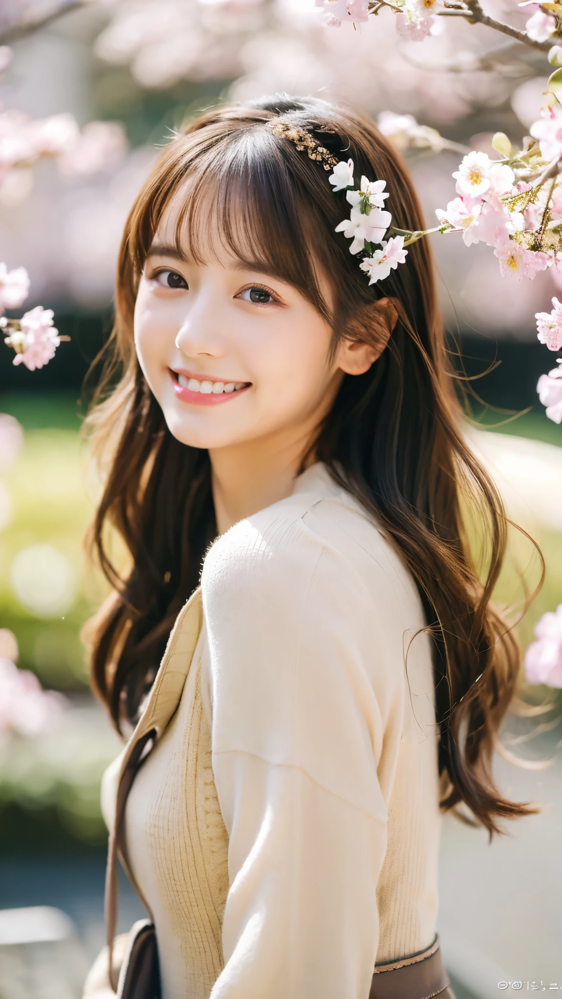 best quality ,masterpiece,ultra high res, very beautiful, kawaii, (photo realistic:1.4), 1girl, Japanese, brown hair, Cinematic, 35mm lens, f/ 1. 8, accent lighting, 8k, wearing spring fashion, Hill with Spring Flowers, hair band, light smile