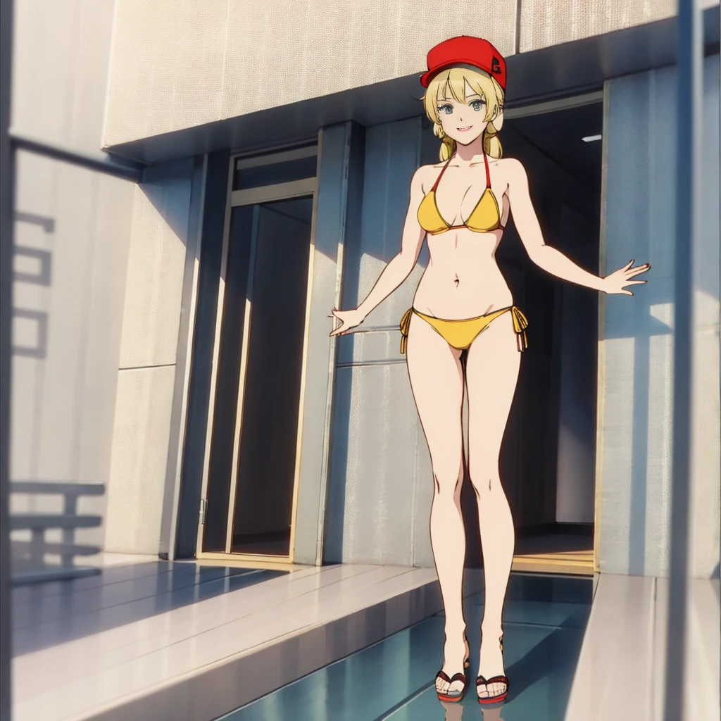 1girl, female, grey eyes, blonde hair, hat, yellow bikini, sandals, full body, standing, smile, (looking at viewer:1.3), balcony