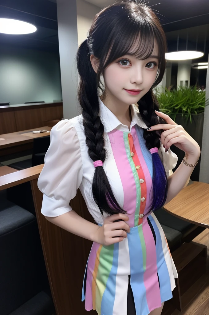 rainbow color hair, idol sculpture, Iridescent bristles, ribbon in hair, 18 year old female, Happy, twin tails, Perfect symmetrical eyes, blue eyes, white skin, Silky smooth skin, Standing on top of a flashy, luxurious spaceship, big futuristic hallway, Control panel, wood trim, Decorative plants, warm lighting, wearing a futuristic party dress, pleats (shirt) mini dress (Pastel rainbow colors, and polka dots), pink pantyhose, cute short cut boots.,rainbow color suit,random sexy pose、Random attire、Upper body