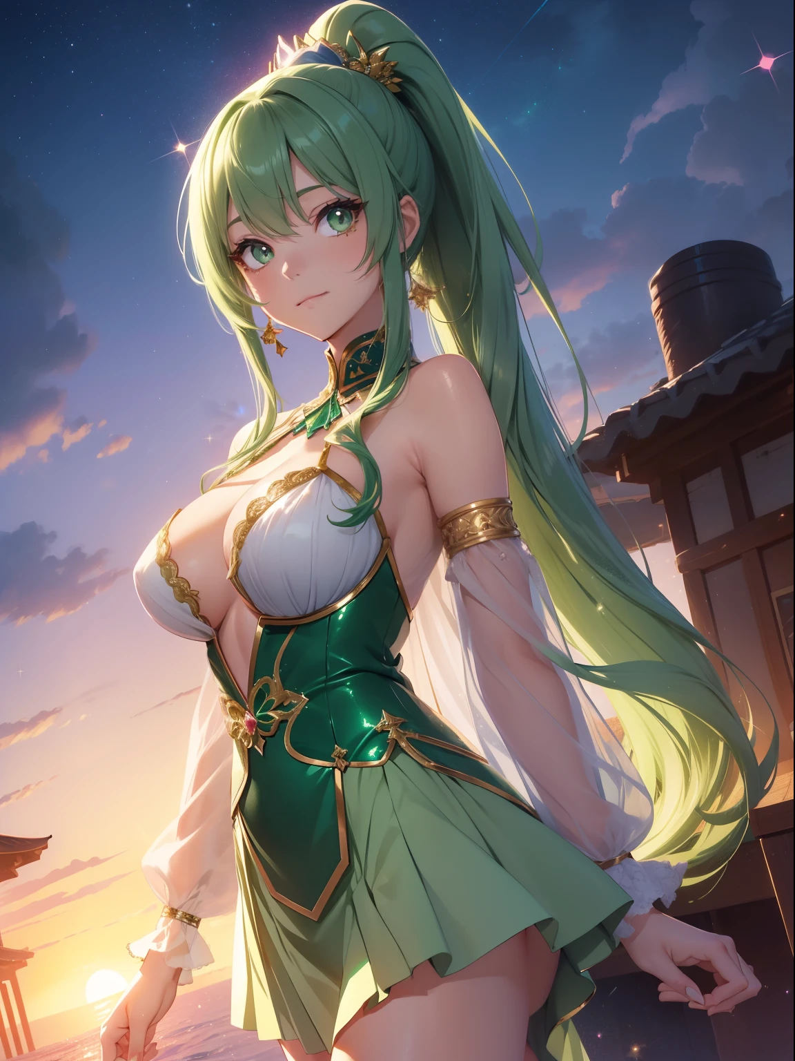 masutepiece, High resolution, 8K, anime woman, Delicate and detailed writing 、Detailed digital illustration、absurdly long hair、(((Ponytail)))、Shiny hair、a very beautiful woman、Eyes are double, Large,Little hanging eyes、 Bust E Cup、High image quality, High quality、Detailed background、((Detailed and beautiful sunset sky background))、The inside of the eye shines like a diamond、(((Dark green hair)))、Gradient pupil、(((2 arms、4 fingers, 1 thumb)))、Detailed female face、a very beautiful woman、、细致背景、​masterpiece、Soft Focus , Bright gradient watercolor , Lens Flare , (((Glitter))) , Glow , Dreamy ,a miniskirt、Idol、Light Green Ribbon、Very beautiful light green rose hair accessories、Light green and gold costume with white as the main color、((Macroface))、(Cool Girl).Tall lady、Dignified.((No bangs))、A smile、