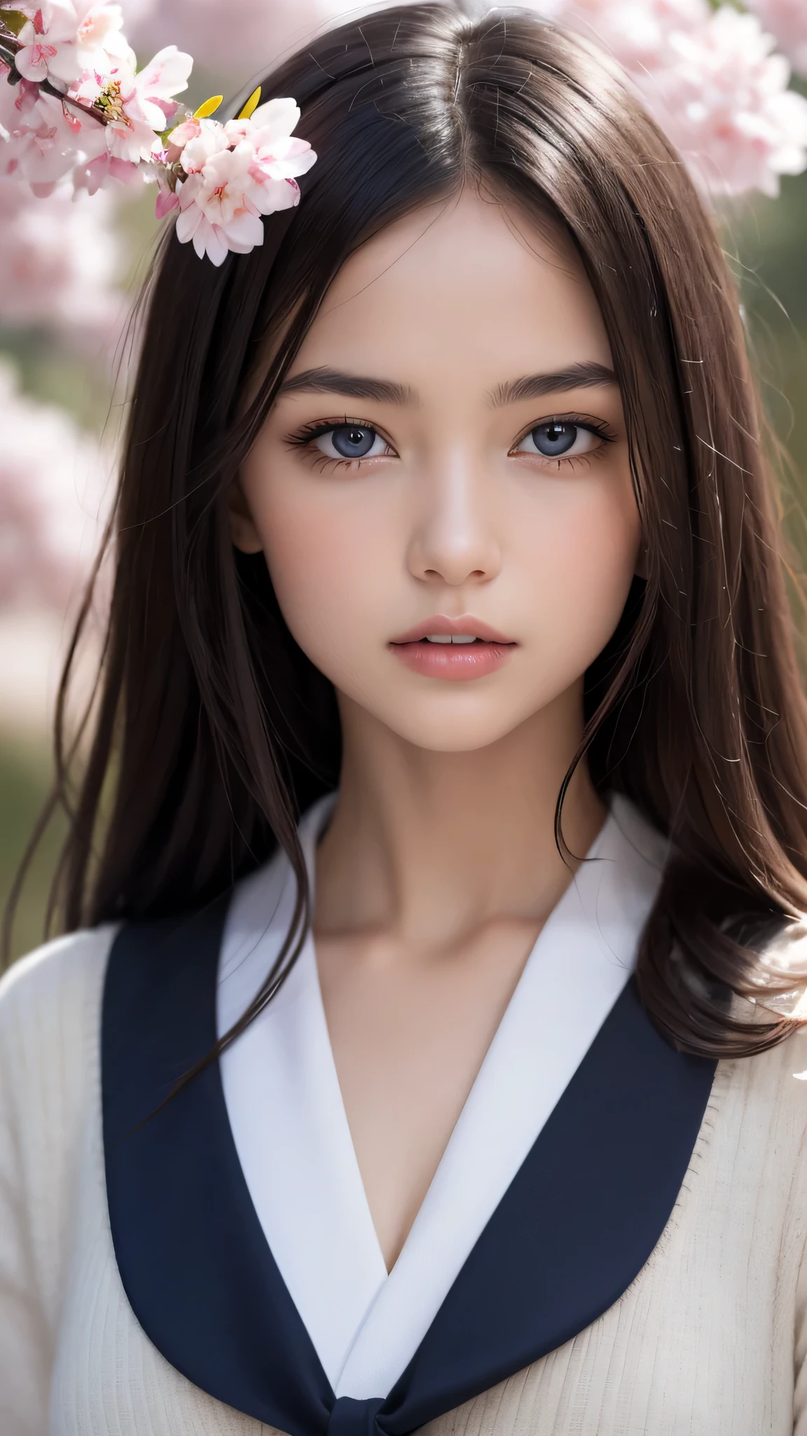 (1young girl), Amazing face and eyes, (amazingly beautiful girl), (Best Quality:1.4), (Ultra-detailed), (extremely detailed CG unified 8k wallpaper), Highly detailed, High-definition raw color photos, Professional Photography, sailor uniform, school uniform, School, Spring, cherry blossoms,