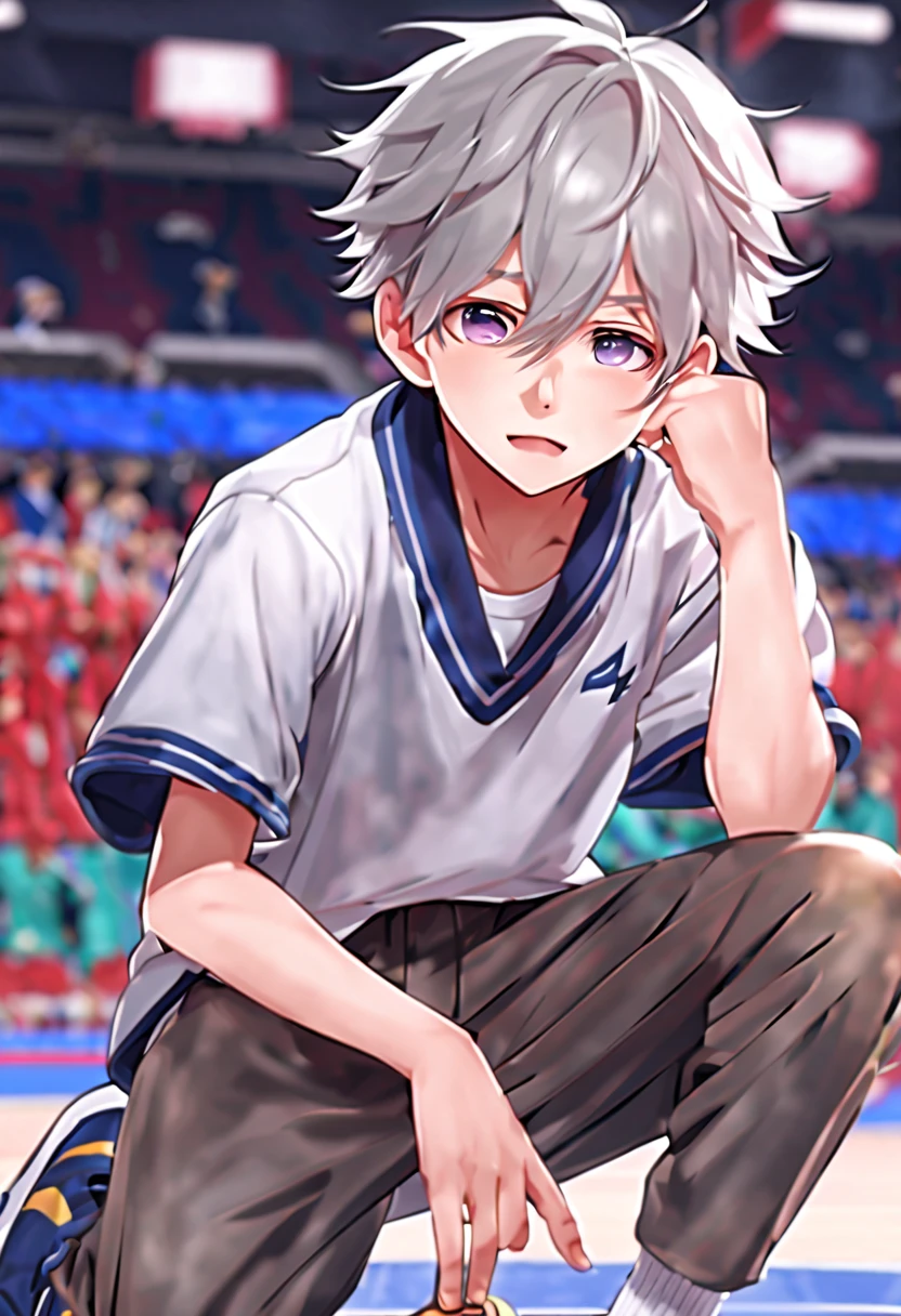 masterpiece,best quality,8K quality,unparalleled clarity,full body character,panoramic, Delicate face,full body character,telephoto lens,A boy with fine fingers,sports student,Handsome boy,cute,,Shota,anime characters,Heterochromic eyes,look at the audience,smirk,Male focus is prominent,Gray hair is messy,sportswear,Three-point shorts,Lift your pants,Spread your legs towards the audience,sit on the floor,white socks,Living room background with clear face