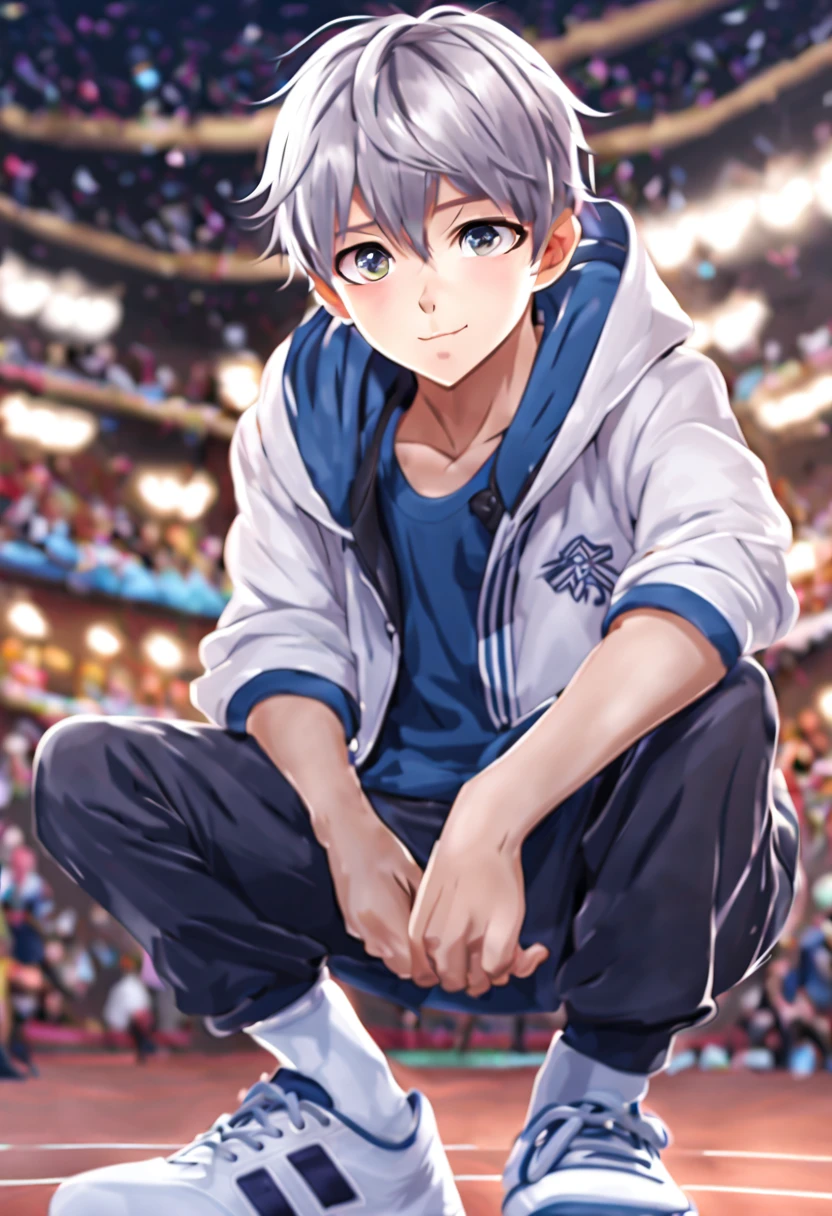 masterpiece，best quality，8K quality，unparalleled clarity，full body character，panoramic， Delicate face，full body character，telephoto lens，A boy with fine fingers，sports student，Handsome boy，cute，，Shota，anime characters，Heterochromic eyes，look at the audience，smirk，Male focus is prominent，Gray hair is messy，sportswear，Three-point shorts，Lift your pants，Spread your legs towards the audience，sit on the floor，white socks，Living room background with clear face