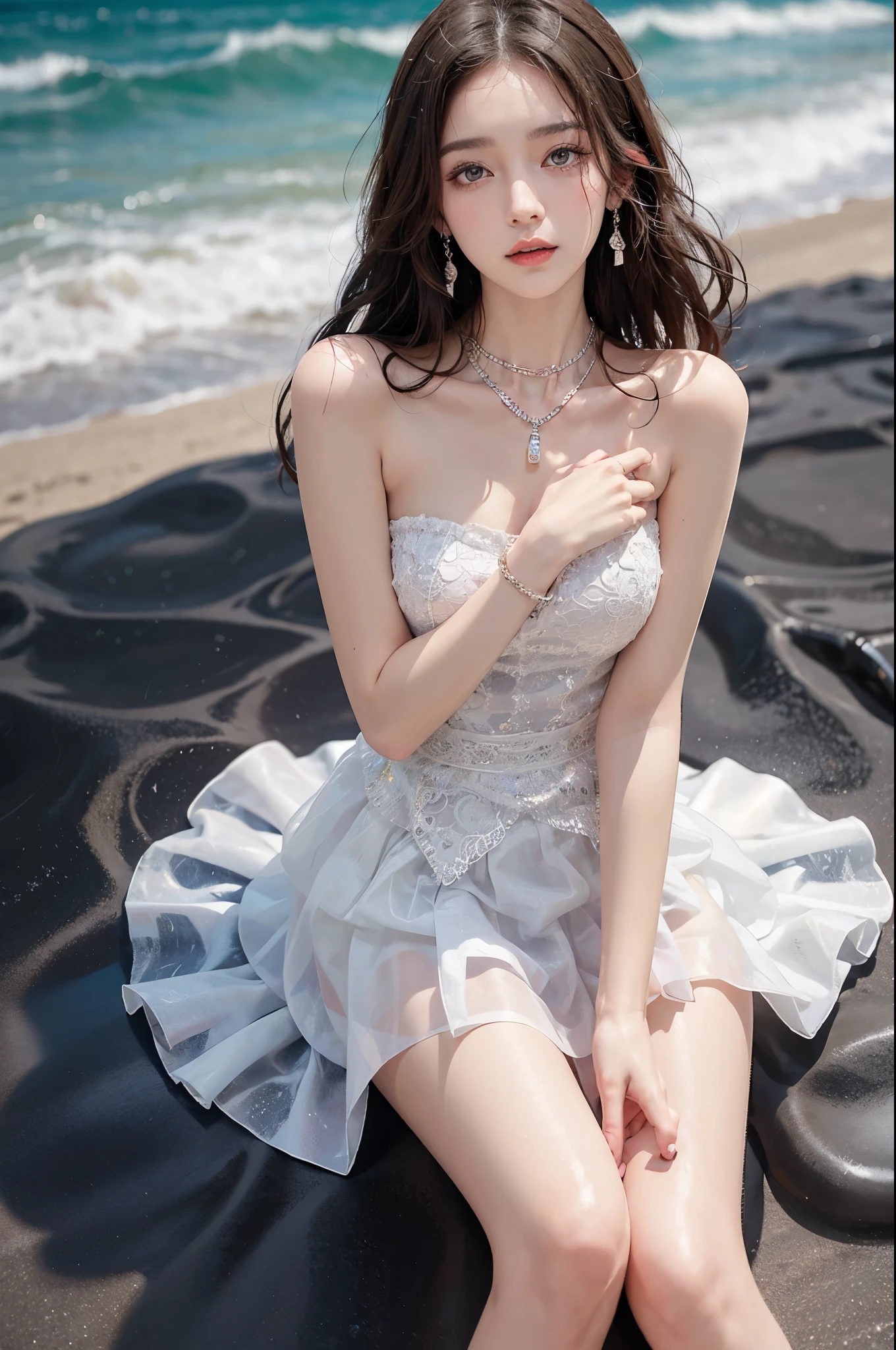 Sweet girl clothes4,strapless dress,jewelry, ((real)), yushuxin,1girl,solo, A young girl, Beautiful teenage girl, Slim, thin waist, High heel, Shy, Grinning, earrings、necklace、hairpin，Heavy makeup，Gorgeous eye makeup，Eyes are very beautiful, blond hair, curls, long flowing hair, seaside, on the beach, Lying on the beach,   mess up your hair, Posing for photos, Pose gracefully, Random shooting angle, warm light, Warm color palette, professional lighting, photon mapping, radio city, Physically based rendering, original photo, best quality, beautiful face, beautiful skin， attractive， ultra high resolution， Super real photos