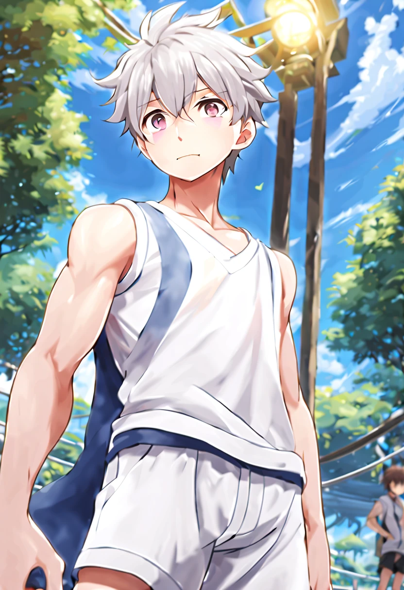 masterpiece，best quality，8K quality，unparalleled clarity，best strokes，full body character，panoramic，telephoto lens， delicate face，Fine fingers of a boy，sports student，Handsome boy，Lovely，8 ，Shota，abdominal muscles（0.5），anime characters，White fox ears，heterochromatic eyes，look at the audience，sneering，male focus，Gray hair is messy，Take a shower in the shower，not wearing tops，Wear white shorts，The crotch is bigger，Clear background image