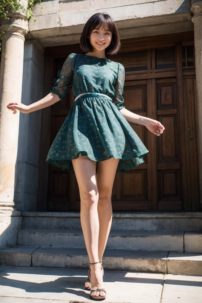 be familiar with,sharp lines,highest quality, masterpiece、ancient ruins、dark light、Canon Photo Crystal Clear ,(realistically:1.2), (Dark green floral pattern casual micro mini skirt dress)、action pose、Take a full body photo、lazy smile、glamorous figure、bob cut