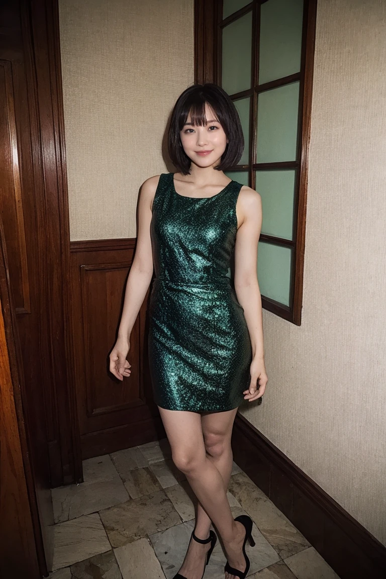 be familiar with,sharp lines,highest quality, masterpiece、ancient ruins、dark light、Canon Photo Crystal Clear ,（realistically:1.2）, (Dark green floral pattern casual micro mini skirt dress)、action pose、Take a full body photo、lazy smile、glamorous figure、bob cut