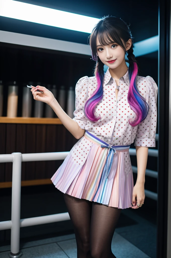 rainbow color hair, idol sculpture, Iridescent bristles, ribbon in hair, 18 year old female, Happy, twin tails, Perfect symmetrical eyes, blue eyes, white skin, Silky smooth skin, Standing on top of a flashy, luxurious spaceship, big futuristic hallway, Control panel, wood trim, Decorative plants, warm lighting, wearing a futuristic party dress, pleats (shirt) mini dress (Pastel rainbow colors, and polka dots), pink pantyhose, cute short cut boots.,rainbow color suit,random sexy pose、Random attire、Upper body