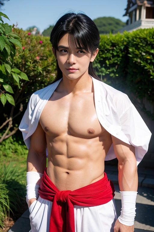 sesshomaru Cosplay, young man, Thai, handsome, chest muscles visible, fullbody image