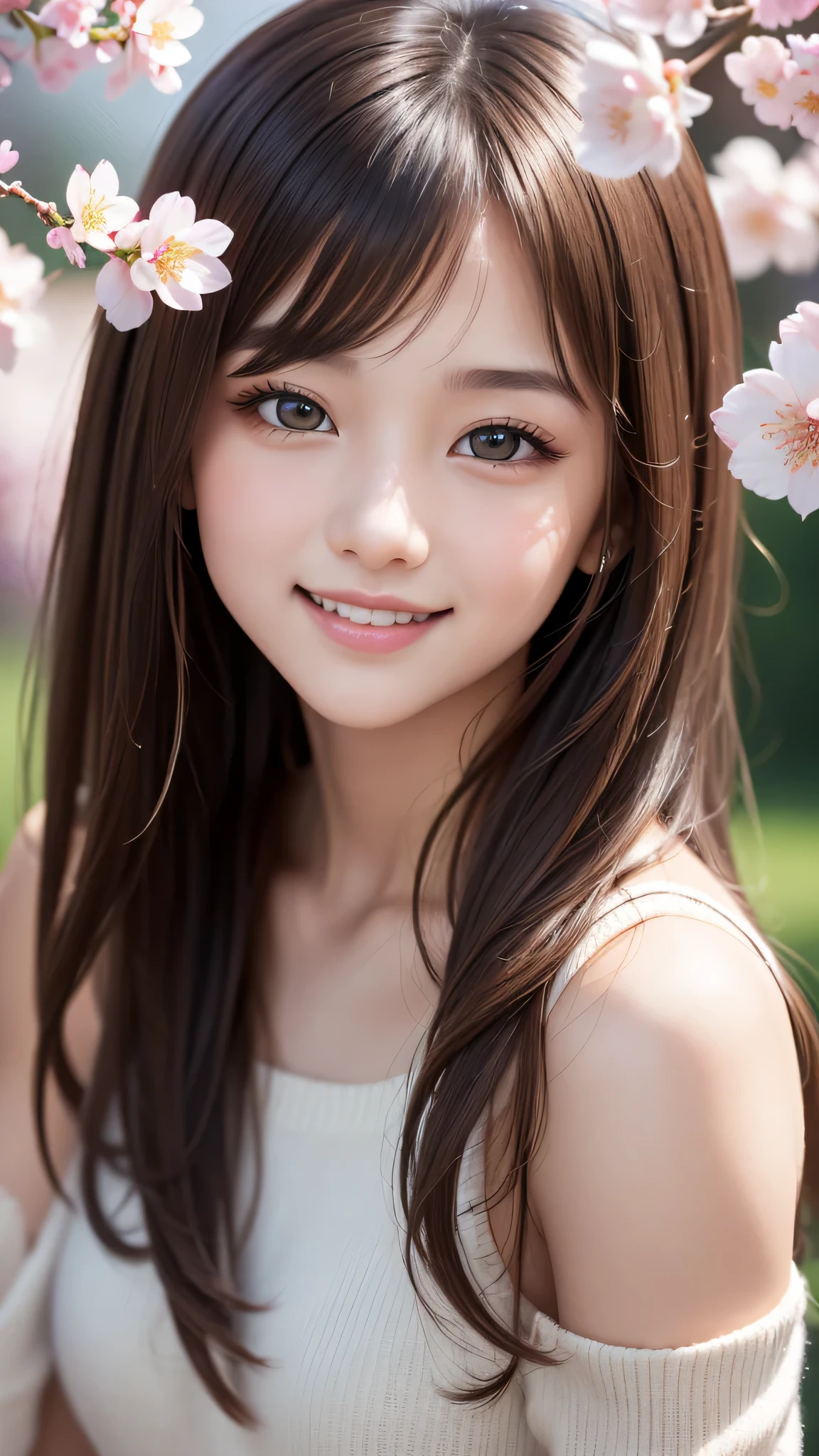 (1ung girl), cute face, kawaii, Brown hair, instagram beautiful girl photos, great smiles, (Best Quality:1.3), (Ultra-detailed), (extremely detailed CG unified 8k wallpaper), Highly detailed, High-definition raw color photos, Professional Photography, cherry blossom, colorful pictures, colorful photos, depth of fields,