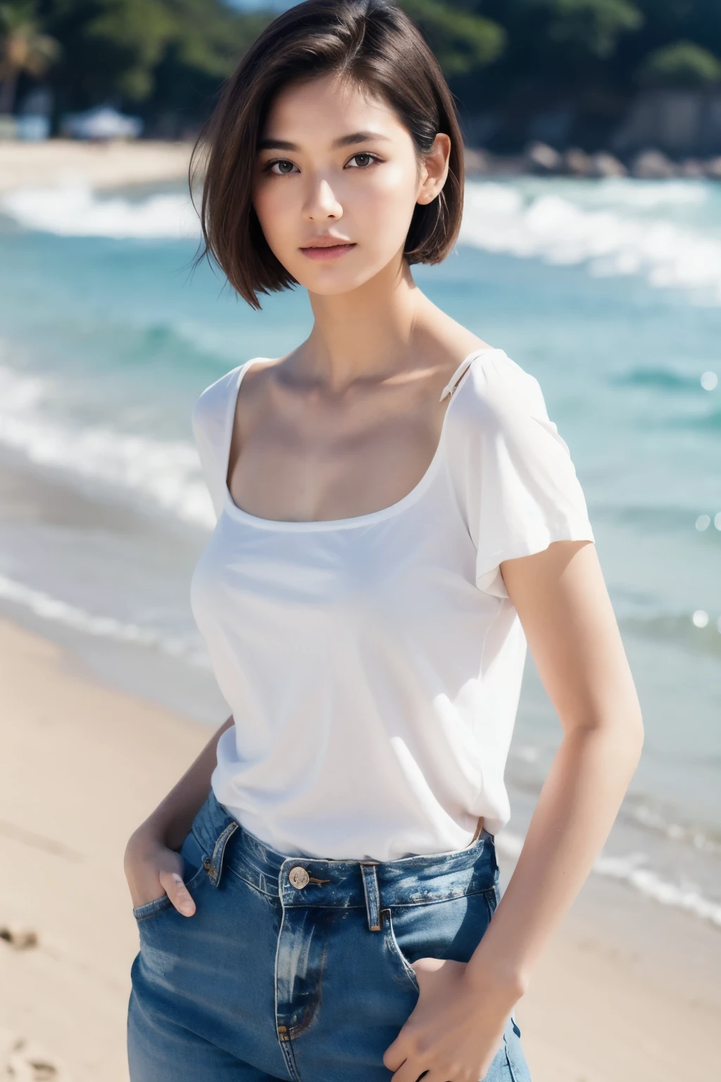 ((best quality)), ((masterpiece)), (detailed), perfect face,girl on the beach with white shirt and short jean,sexy pose,short bang hair