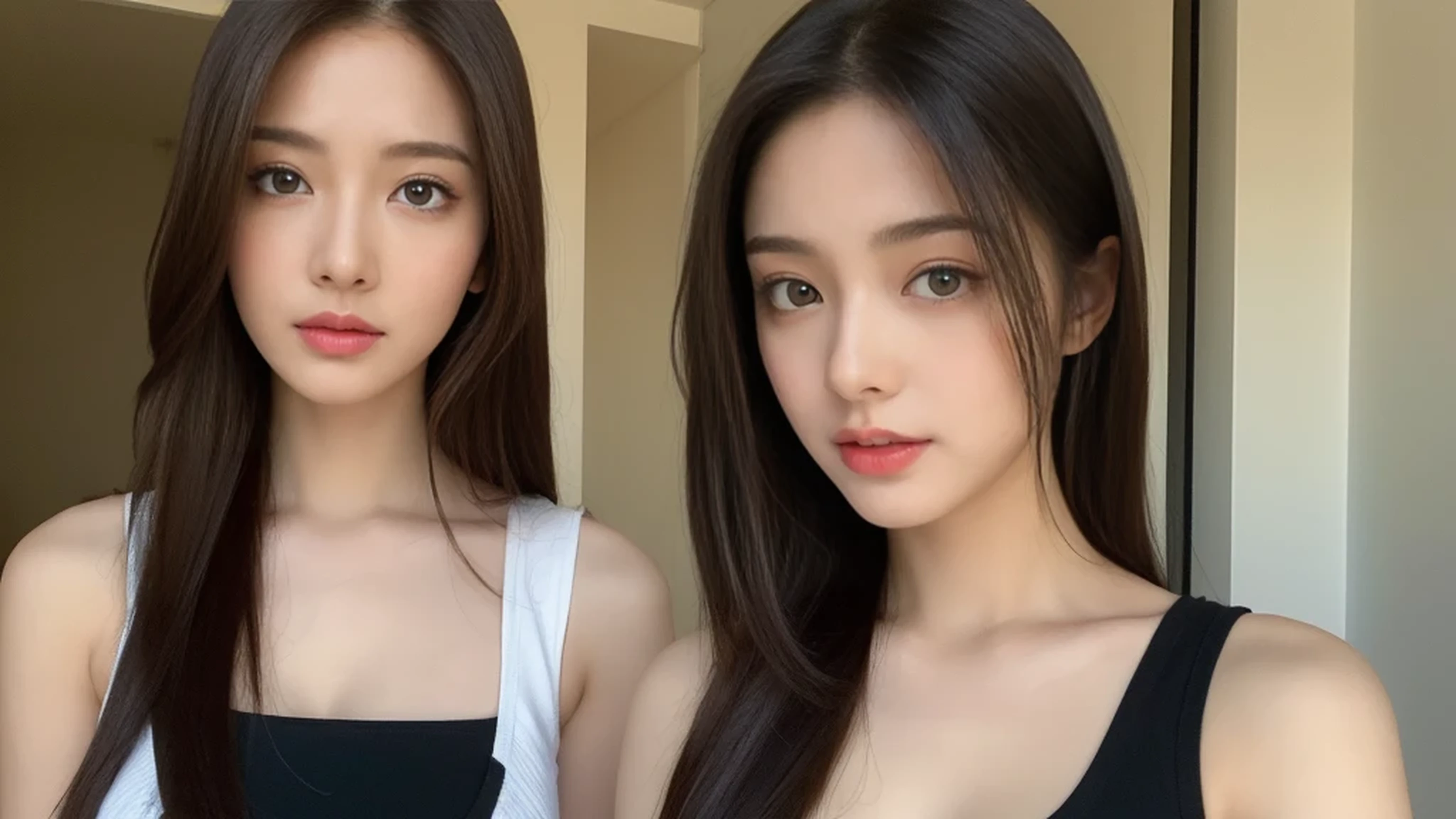 (lifelike, high - resolution:1.3), 1 girl with a perfect body, Super fine face and eyes,slong hair, Tank top of random colors:1.2, short jeans, big boob,Expose cleavage