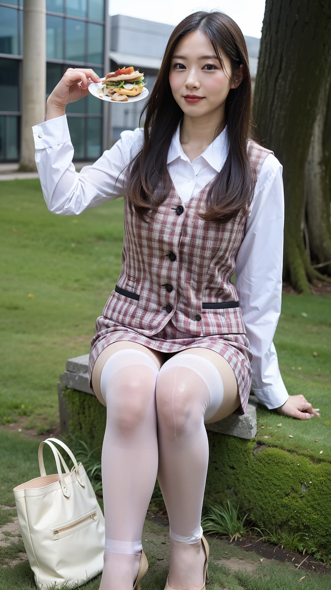 Ulchan-6500-v1.1, (RAW photo:1.2), (Photoreal), (genuine:1.4), 1girl、perfect anatomy、48 years old、look at the camera、medium long hair、Plaid vest、((sit on the grass and eat lunch:1.0))、(super realistic pantyhose:1.2), (high heels)、(business services)、