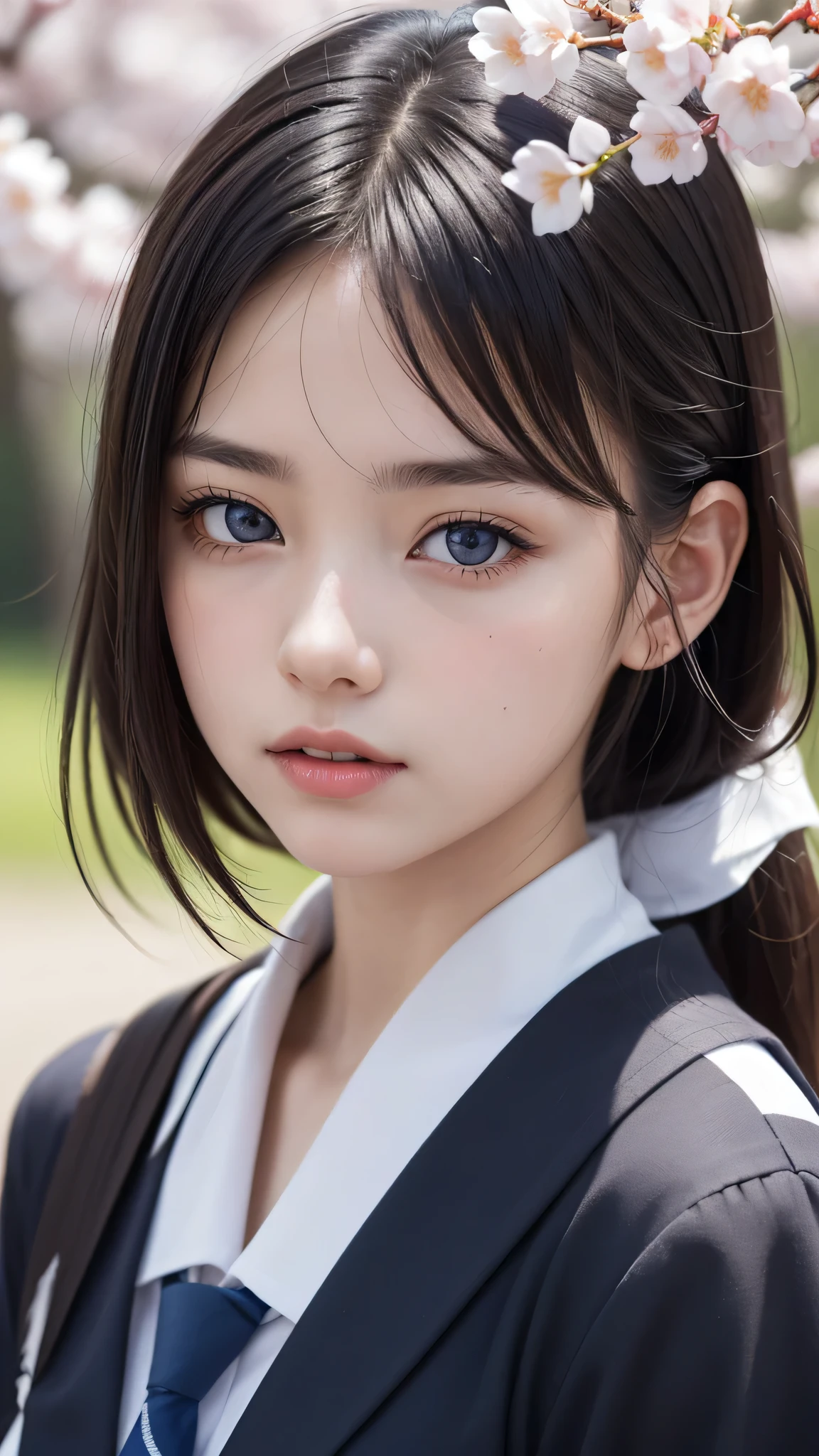 (1young girl), Amazing face and eyes, (amazingly beautiful girl), (Best Quality:1.4), (Ultra-detailed), (extremely detailed CG unified 8k wallpaper), Highly detailed, High-definition raw color photos, Professional Photography, sailor uniform, school uniform, School, Spring, cherry blossoms,