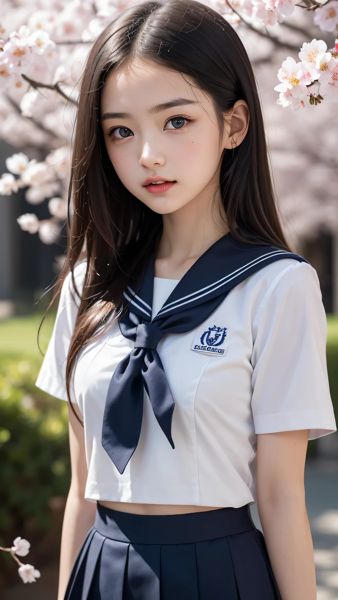 (ung girl), Amazing face and eyes, (amazingly beautiful girl), (Best Quality:1.4), (Ultra-detailed), (extremely detailed CG unified 8k wallpaper), Highly detailed, High-definition raw color photos, Professional Photography, sailor uniform, school uniform, School, Spring, cherry blossoms,