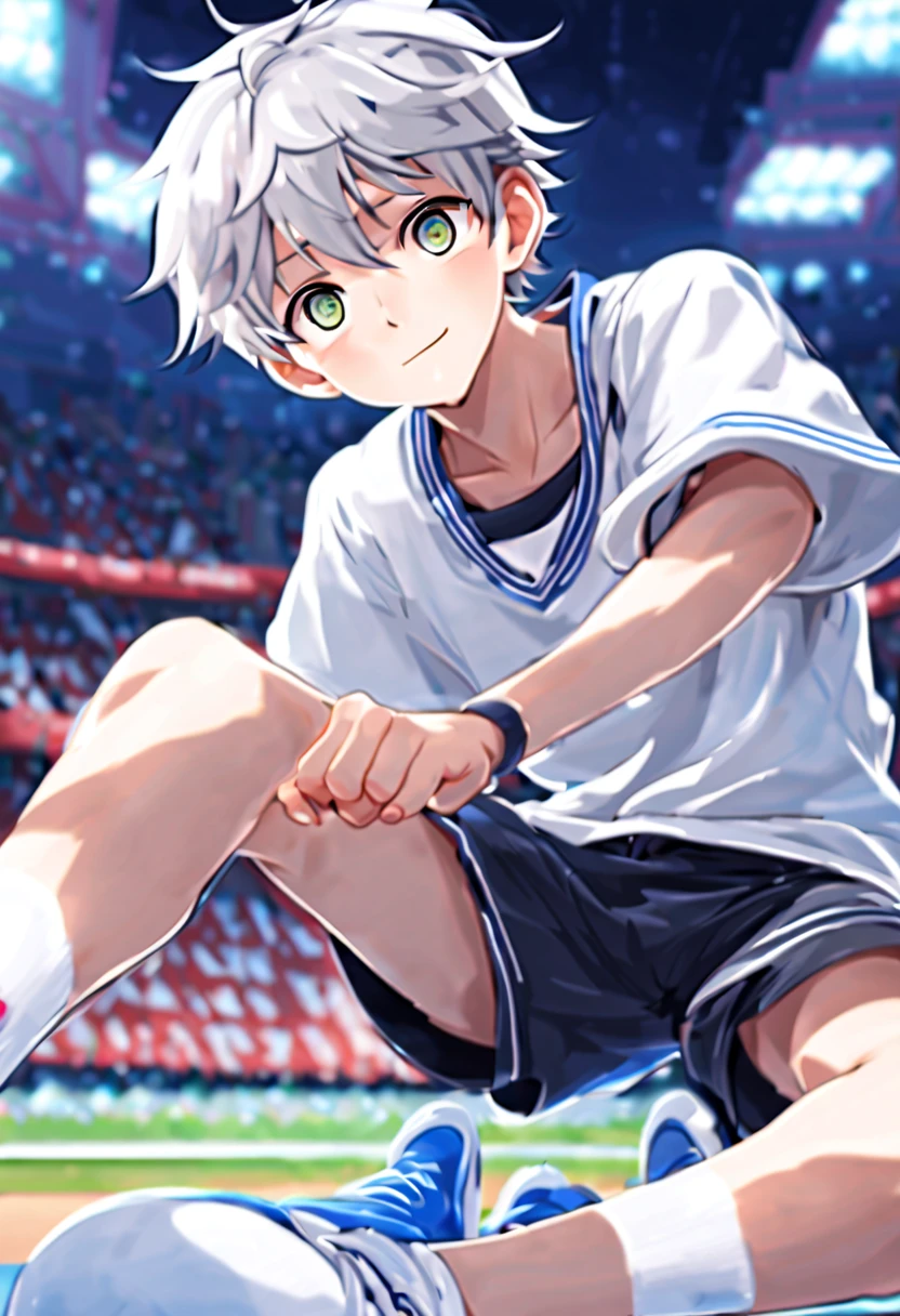 masterpiece,best quality,8K quality,unparalleled clarity,full body character,panoramic, Delicate face,full body character,telephoto lens,A boy with fine fingers,sports student,Handsome boy,cute,,Shota,anime characters,Heterochromic eyes,look at the audience,smirk,Male focus is prominent,Gray hair is messy,sportswear,White three-quarter shorts,Lift your pants,Spread your legs towards the audience,sit on the floor,white socks,Living room background with clear face