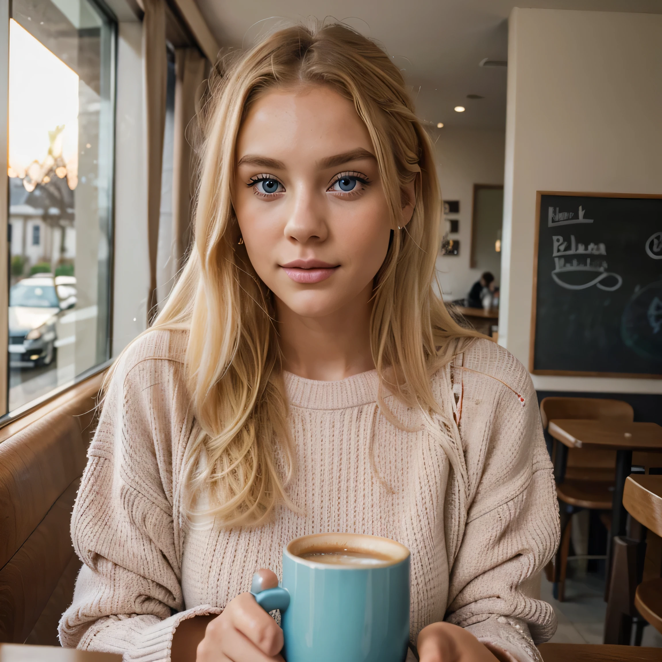 chica . Color de cabello rubio con una cara linda., ojos azules perfectos. Body size B.

chica, Color de cabello rubio con una cara linda., with pink sweater (Sipping coffee inside a modern café at sunset), Muy detallado, Cara inocente, ojos azules perfectos. Body size B.
Pelo natural.

disparado en Canon, 85mm,  

High Definition Quality, 8k, mujer joven, 26 years old. obra maestra, foto realista, detalles intrincados, foto cruda, ultra detallado