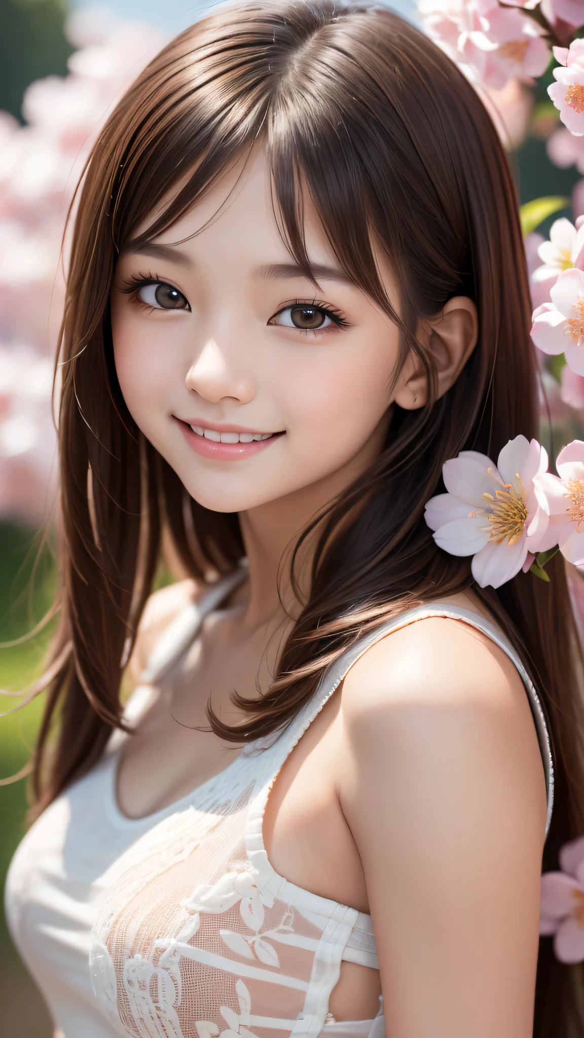(1young girl), cute face, kawaii, Brown hair, instagram beautiful girl photos, great smiles, (Best Quality:1.3), (Ultra-detailed), (extremely detailed CG unified 8k wallpaper), Highly detailed, High-definition raw color photos, Professional Photography, cherry blossom, colorful pictures, colorful photos, depth of fields,