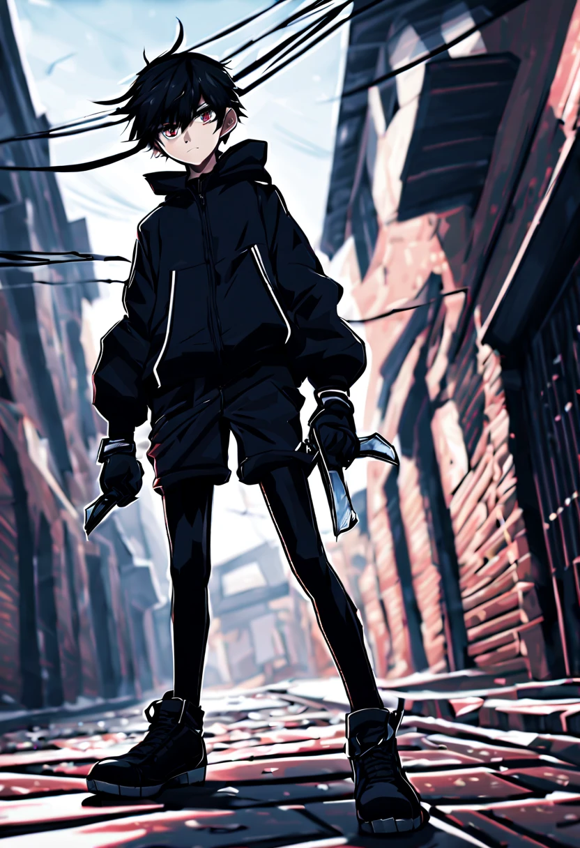 8K quality，Unparalleled strokes ，clear，wearing a tights，Shota，a boy，12 years old，anime image，Two dimensions，killeghting stance，Wear black shorts，handheld dagger ，Wear black tights，black leggings，Wear black gloves，Wear black combat boots，The crotch is bigger，Alleyway background，cold eyes