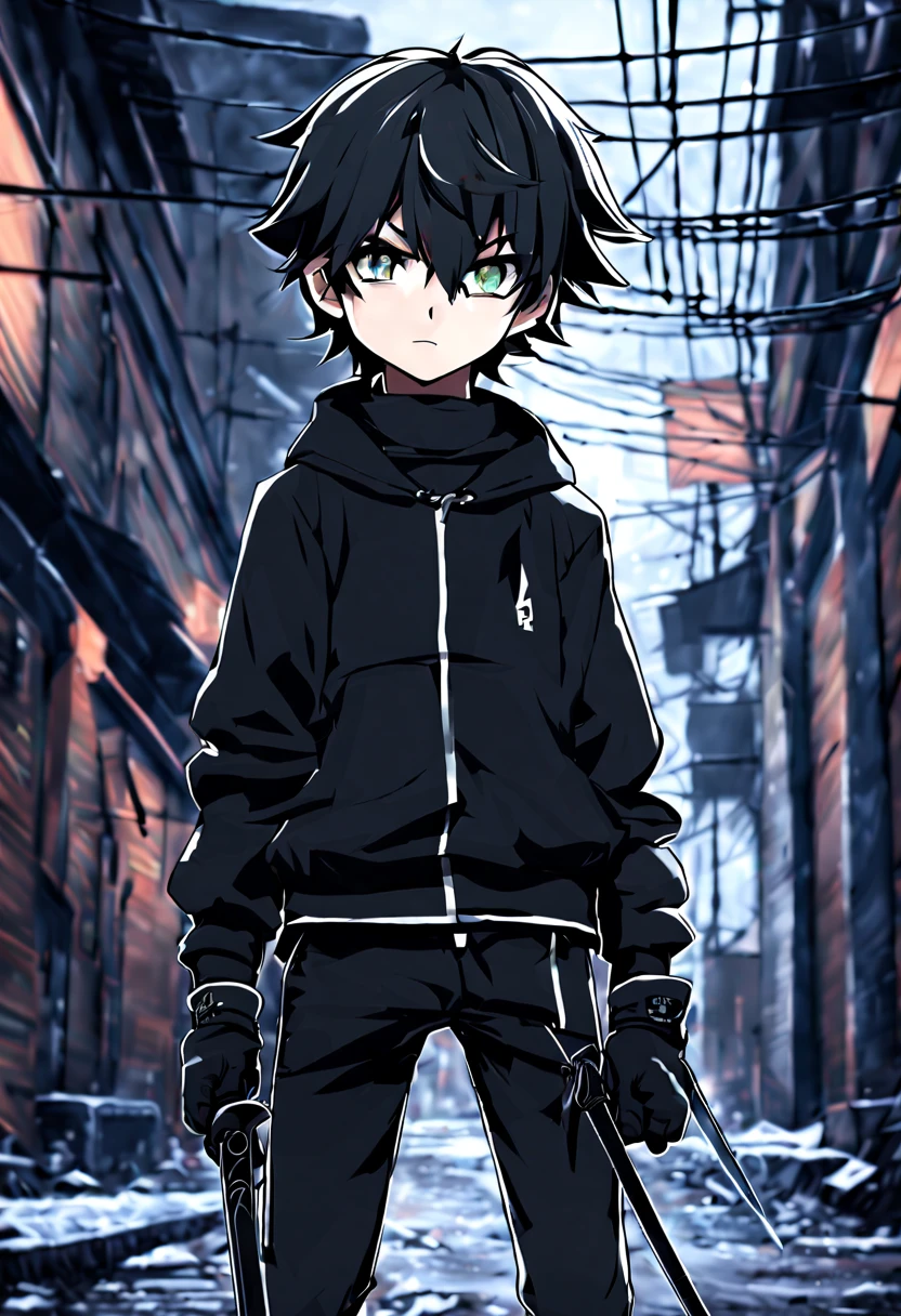 8K quality,Unparalleled strokes ,clear,wearing a tights,Shota,a boy,,anime image,Two dimensions,killeghting stance,Wear black shorts,handheld dagger ,Wear black tights,black leggings,Wear black gloves,Wear black combat boots,The crotch is bigger,Alleyway background,cold eyes