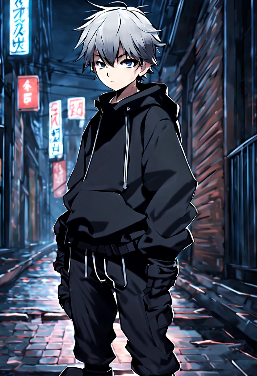 8K quality，Unparalleled strokes ，clear，wearing a tights，Shota，a boy，12 years old，anime image，Two dimensions，killeghting stance，Wear black shorts，handheld dagger ，Wear black tights，black leggings，Wear black gloves，Wear black combat boots，The crotch is bigger，Alleyway background，cold eyes