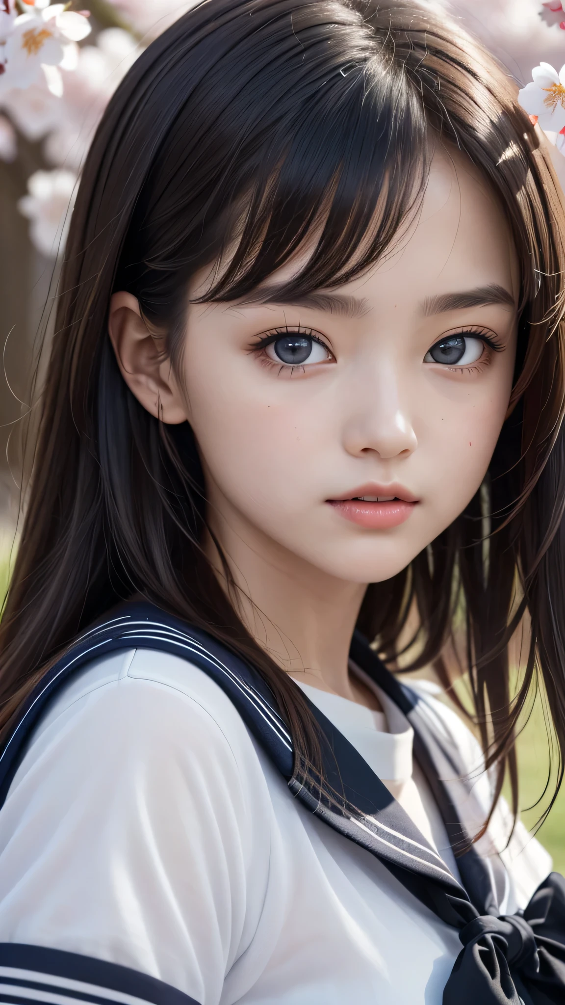 (1young girl), Amazing face and eyes, (amazingly beautiful girl), (Best Quality:1.4), (Ultra-detailed), (extremely detailed CG unified 8k wallpaper), Highly detailed, High-definition raw color photos, Professional Photography, sailor uniform, school uniform, School, Spring, cherry blossoms,