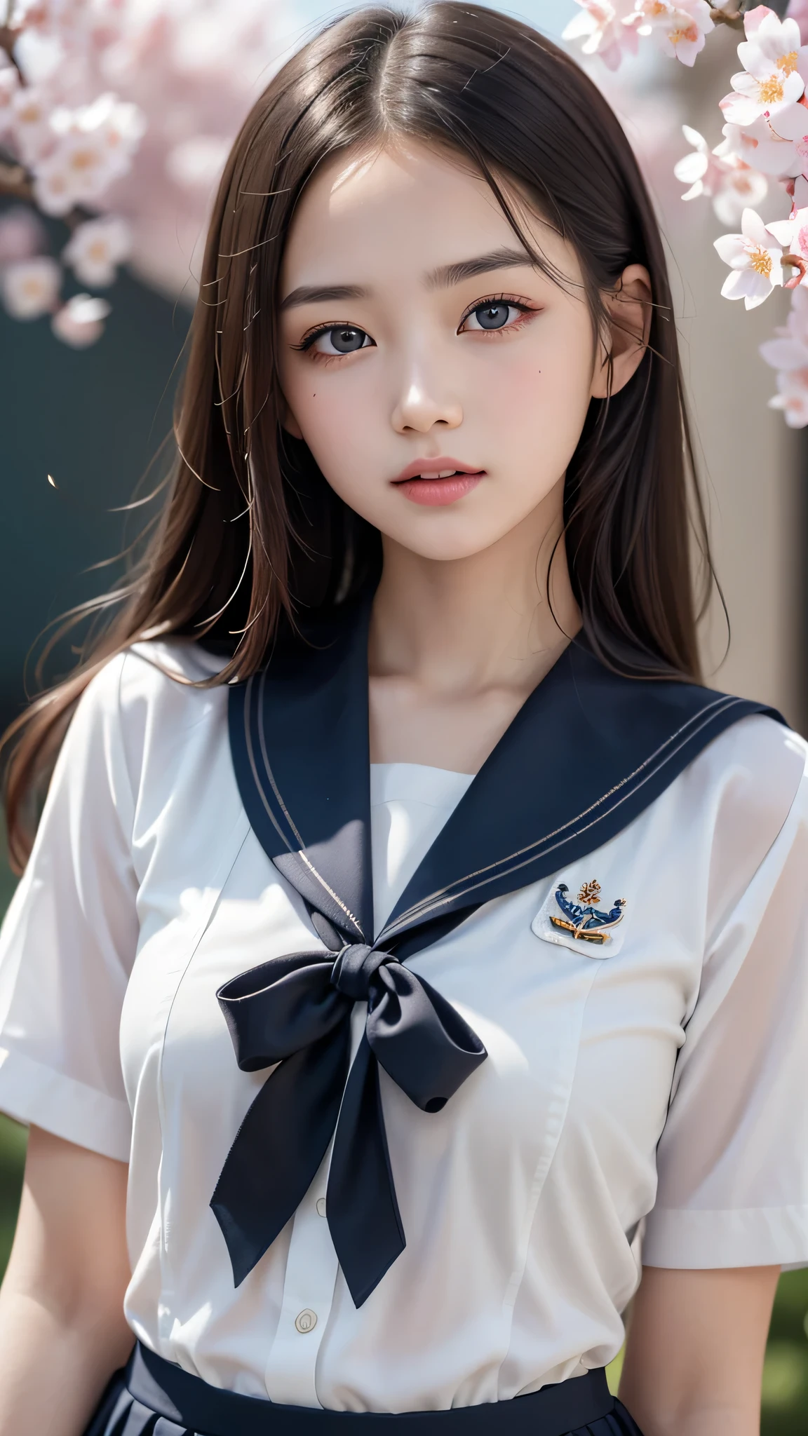 (1young girl), Amazing face and eyes, (amazingly beautiful girl), (Best Quality:1.4), (Ultra-detailed), (extremely detailed CG unified 8k wallpaper), Highly detailed, High-definition raw color photos, Professional Photography, sailor uniform, school uniform, School, Spring, cherry blossoms,