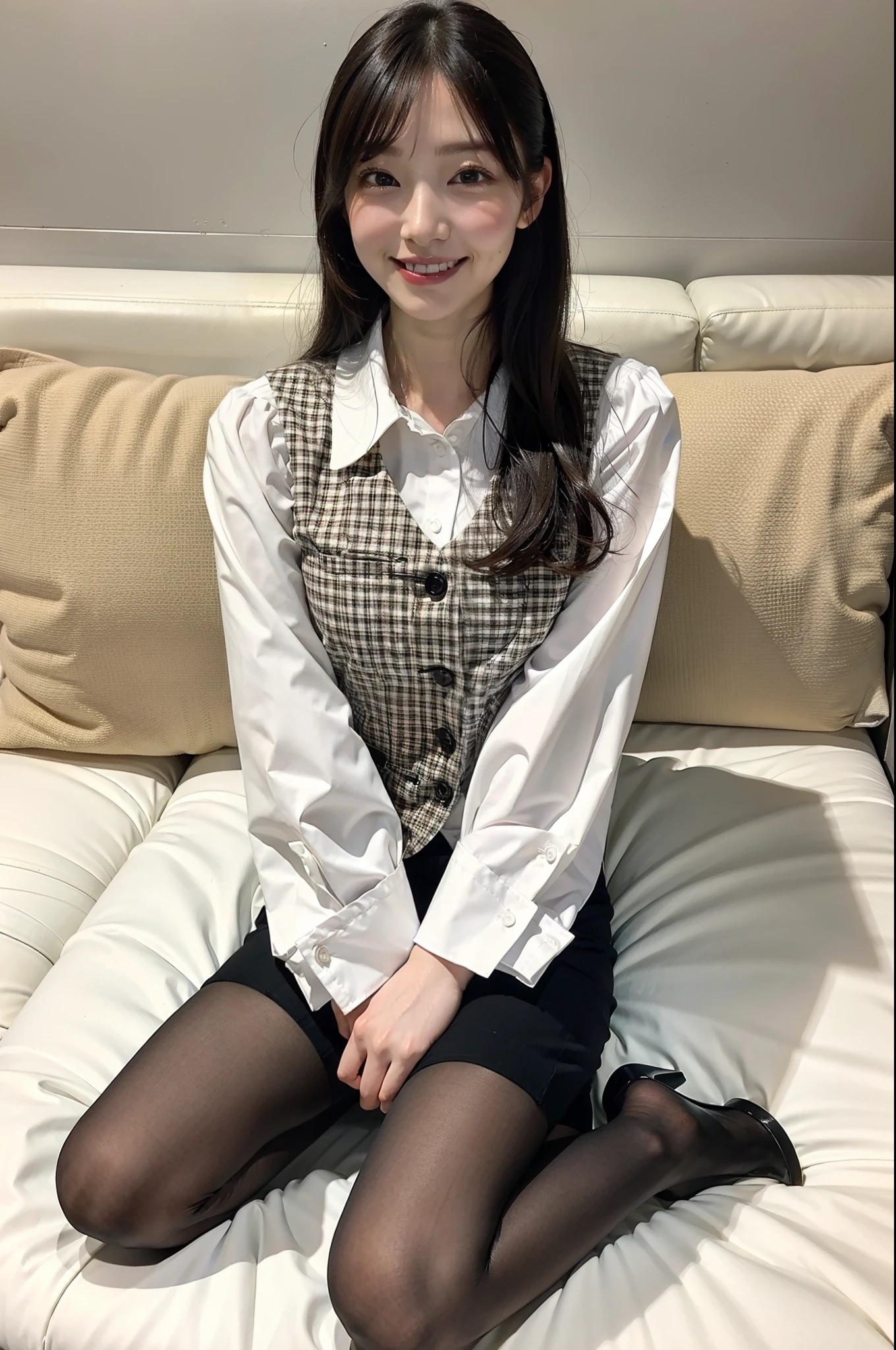 ulzzang-6500-v1.1, (RAW photo:1.2), (realistic), beautiful detailed girl, (genuine: 1.4), very detailedな目と顔, beautiful and fine eyes,  (Plaid vest, super realistic pantyhose:1.4,Business service)、 (very affectionate smile:1.3)、huge file size, High resolution, very detailed, highest quality, [masterpiece:1.6], An illustration, very detailed, ticker, small details, highest quality, 8k wallpaper, movie lighting, 1 girl, 17 years old, perfect body shape, cute droopy eyes beautiful big eyes、((muste piece)), highest quality, 1 girl, eye shadow,  ((full body shot:1.5))、sit comfortably on the sofa、Stretch out your legs beautifully、exposed thighs!!!