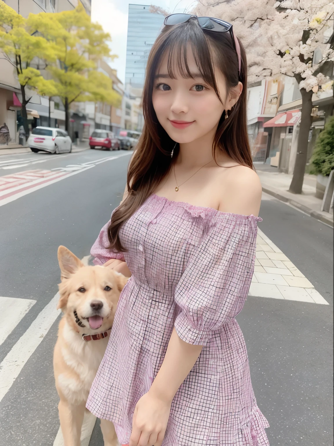 Highest image quality,highest quality,masterpiece,4k,8k,girl walking a dog,Chiho, surreal , Photographed with Sony α9, She is wearing a pink gingham plaid off-shoulder dress.,Shirahime cut hairstyle,smile,Adorable image of a bright and cute girl, Expressive eyes that take a charming walk, sunny street, Her adorable pet dog runs happily beside her on a leash. Girls should wear off-shoulder clothes with gingham plaid, Pink costume, そして彼女の熱意は彼女の明るいsmileを通して放射されるはずです. charming cityscape, A lively cafe, Cherry blossoms in the air,Pedestrians were captivated by the heartwarming sight of this girl and her furry companion.An alafie woman wearing a pink dress with a gingham check pattern and holding a dog on a leash., Chiho, 2263539546],  in a dress, Yoshitomo Nara, a 19 years old girl, 8K selfie photo, cute dog, tube top dress, 