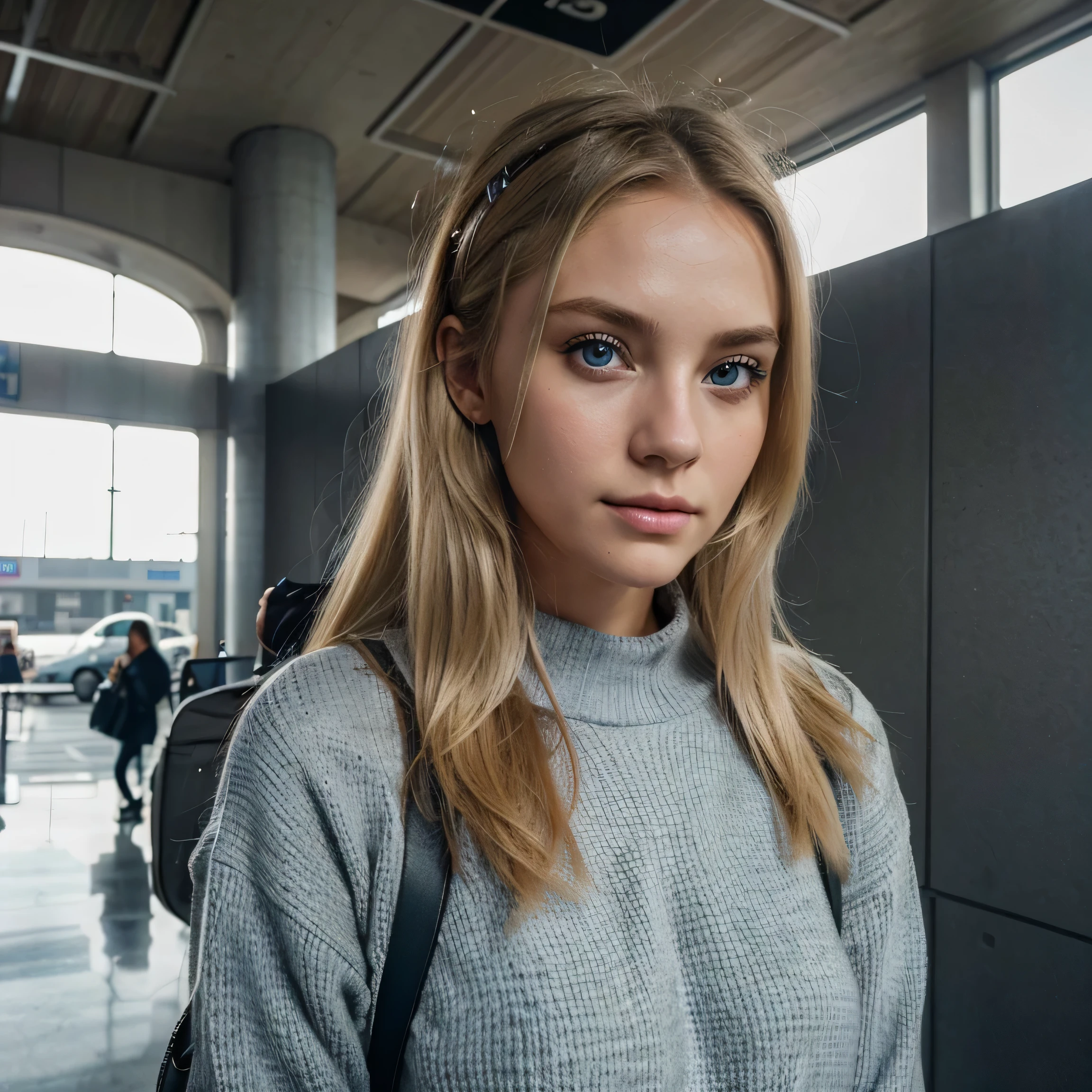chica . Color de cabello rubio con una cara linda., ojos azules perfectos. Body size B. chica, Color de cabello rubio con una cara linda., Dressed in a gray sweater and a backpack on her back while the interior of the airport is seen in the background, Muy detallado, Cara inocente, ojos azules perfectos. Body size B. Pelo natural. disparado en Canon, 85mm, High Definition Quality, 8k, mujer joven, 26 years old. obra maestra, foto realista, detalles intrincados, foto cruda, ultra detallado