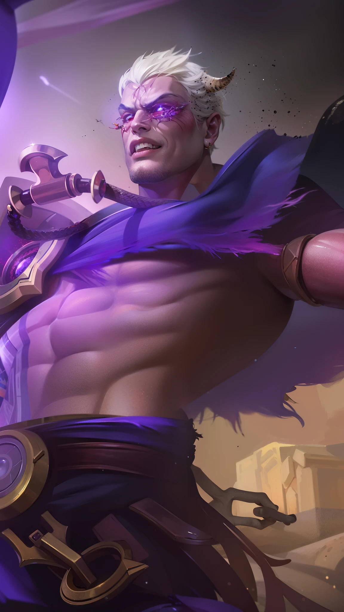 masculine male, masterpiece, ((perfect eyes)) best quality, (semirealism:1.9), beautiful lighting, (extremely detailed CG unity 4k fhd wallpaper), High Detail, Sharp focus, dramatic outdoors, 1 boy ,19 years old, brown short hair, blue eyes, smile, Boy with two big horns, big earrings on ears, elf ear, red eyes, Thick eyebrows, evil smile, grinning,red body, red face, Burning skin, yellow diamonds glistening on chest, burning red skin,golden robe behind, big white belt , 8k , realistic, scary,
