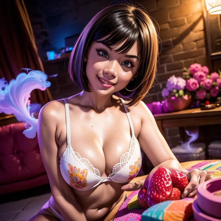 1 malay girl, cocky smile, bob cut hair, eyes contact, plump figure, small breast, wide waist, thick thighs, solo, strawberry farm, strawberry, (white smoke:1.3) (photorealistic:1.4), zentangle, mandala, mesh, official art, unity 8k wallpaper, very detailed, beautiful and aesthetic, masterpiece, best quality, (dynamic angle:1.4), luminous skin, (floating colorful glitter:1) the most beautiful chaotic shape, elegant, brutalist design, bright colors, the depth of the field of romanticism exotic_dance, sexy