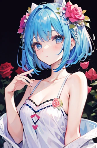 masterpiece, best quality;1.3), ultra detailed, ooking at viewer, rem_re_zero, Facial close-up,blue hair, short hair, maid uniform, hair ornament, cleavage, maid headdress, detached sleeves, masterpiece, top quality, best quality, 1 little girl, swimsuit party, in the water,fish,watermelon,cute style, perfect structure, summer theme,