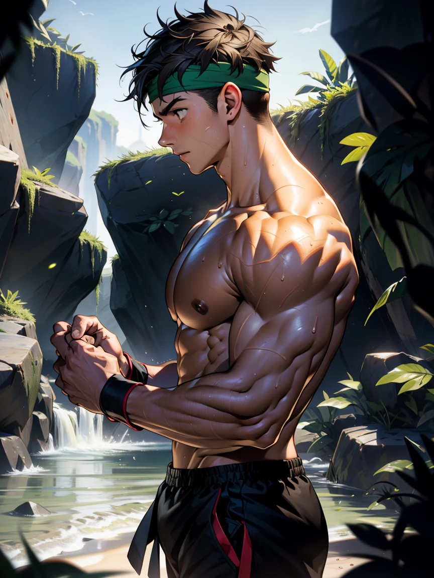 (Masterpiece, Best quality, 18 year old boy, 8k, ultra-detailed, (bust shot)), (from side, looking away, worm eyes, thin lips), (1 boy, solo), Young, (teenager), (Dark Short straight hair, under cut, black eyes), Shirtless, topless, (Green headband, Black wristband), (Depth of field:1.2), (Abs, chest, upper arms), (topless male), man with martial arts stance, athretic body, (background: inside caves, night), sweat, serious