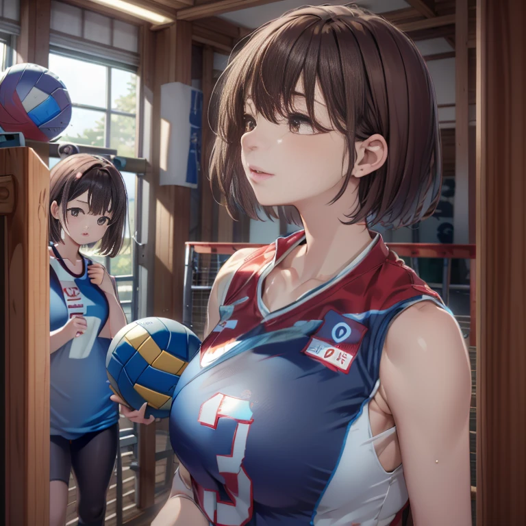 「highest quality、masterpiece、An illustration、very delicate and beautiful、very detailed、cg、8k wallpaper、wonderful、small details、masterpiece、最高の究極の芸術very detailed cg Unity 8k wallpaper」、(((little Japanese girl)))、(((huge breasts 1:1)))、(((Super Big 1:2)))、(((Pee)))、(((brown hair)))、(((short hair)))、((((blue volleyball uniform)))、(((inside gymnasium)))