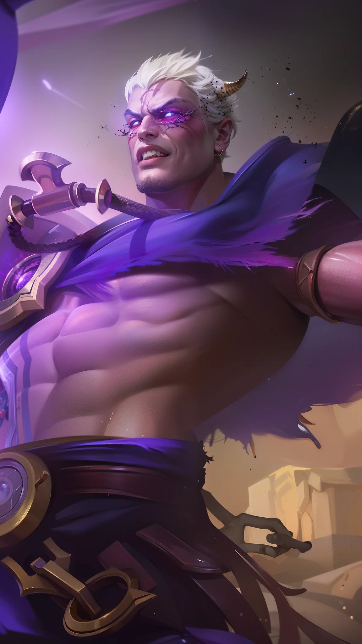 masculine male, masterpiece, ((perfect eyes)) best quality, (semirealism:1.9), beautiful lighting, (extremely detailed CG unity 4k fhd wallpaper), High Detail, Sharp focus, dramatic outdoors, 1 boy ,19 years old, brown short hair, blue eyes, smile, Boy with two big horns, big earrings on ears, elf ear, red eyes, Thick eyebrows, evil smile, grinning,red body, red face, Burning skin, yellow diamonds glistening on chest, burning red skin,golden robe behind, big white belt , 8k , realistic, scary,