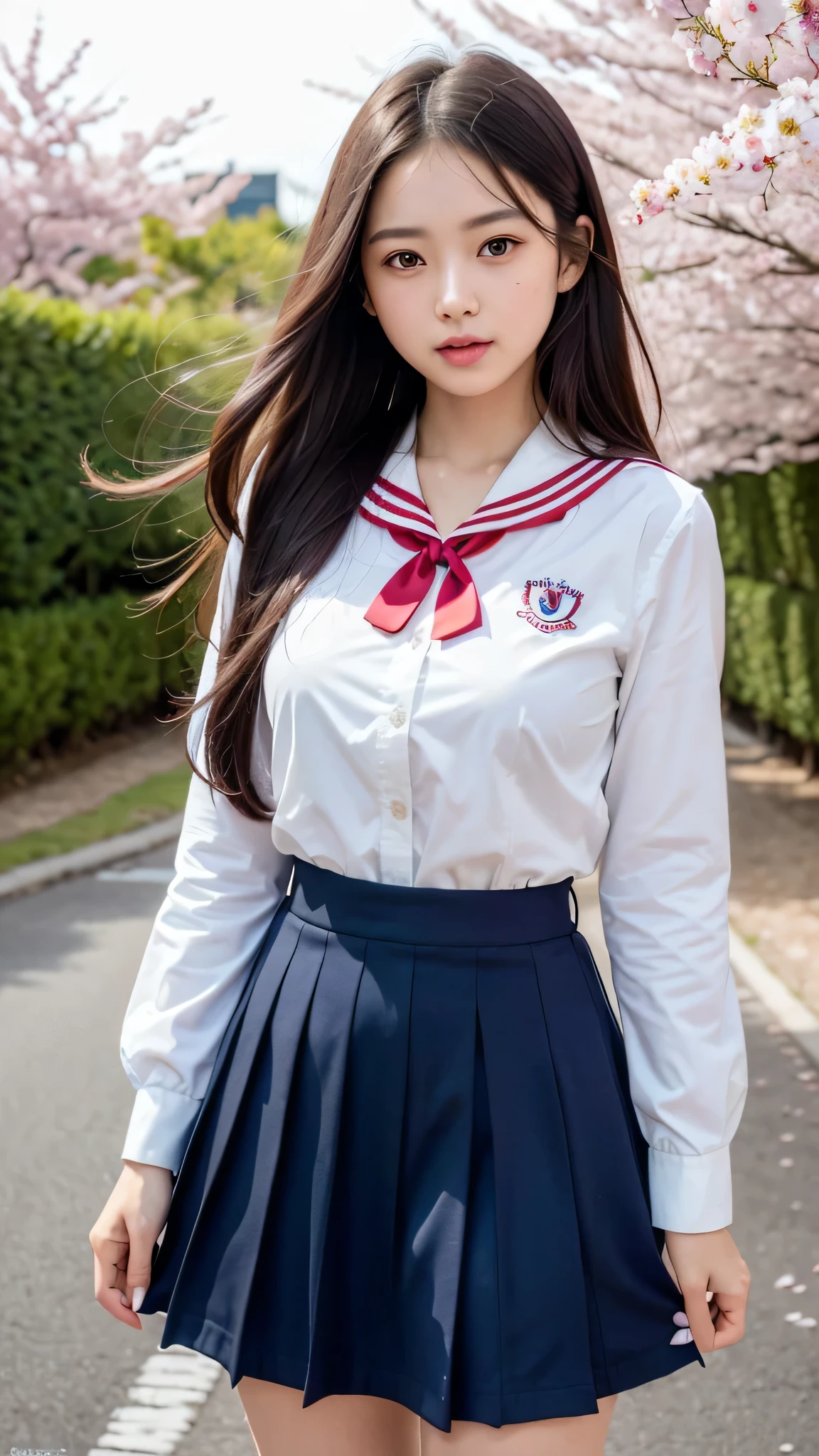(1young girl), Amazing face and eyes, (amazingly beautiful girl), (Best Quality:1.4), (Ultra-detailed), (extremely detailed CG unified 8k wallpaper), Highly detailed, High-definition raw color photos, Professional Photography, sailor uniform, school uniform, School, Spring, cherry blossoms,