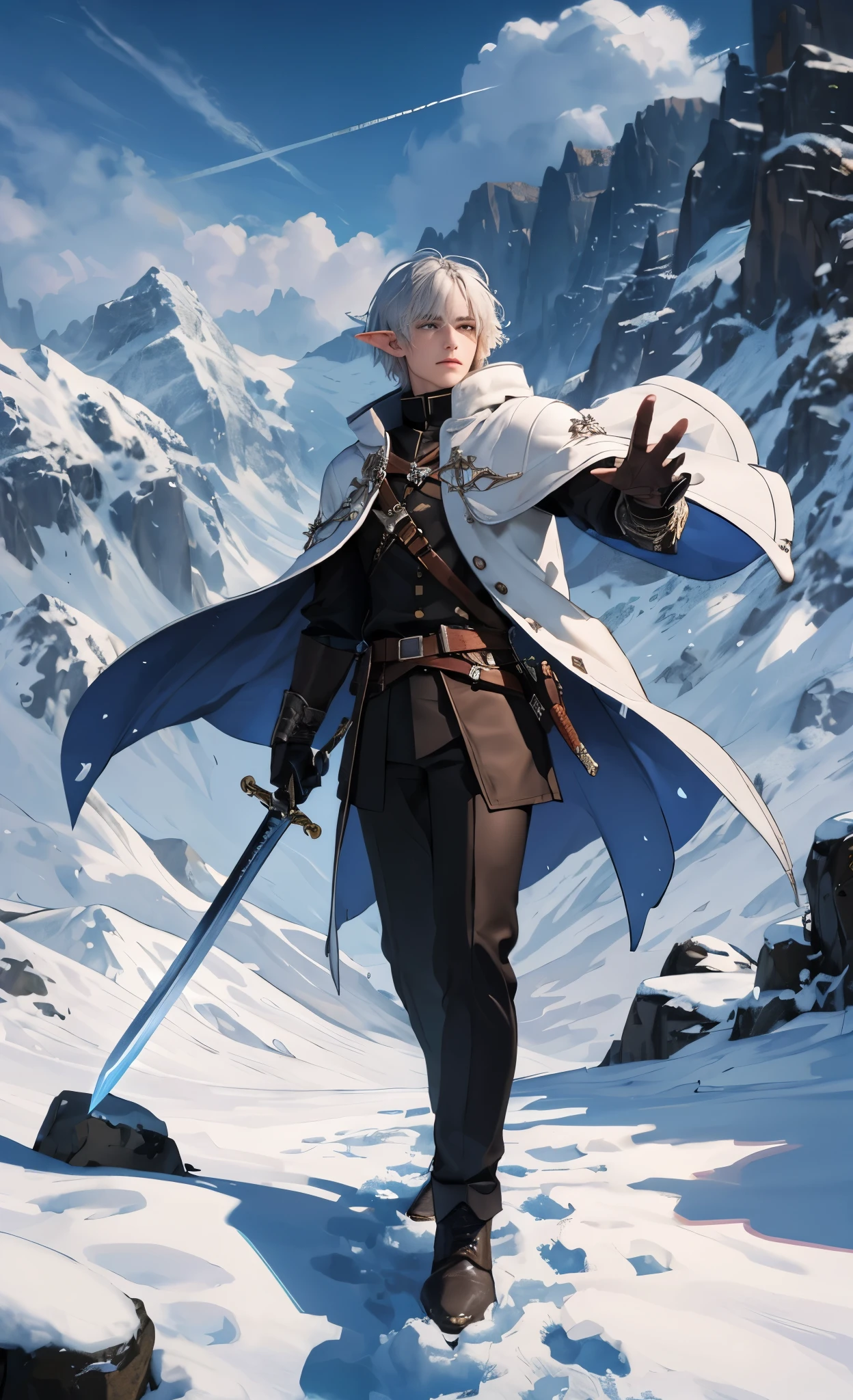 Ultra-detailed, high resolution, Ultra-detaileded, best quality, Astonishing, top quality, Extremely detailed CG unified 8k wallpaper, Cinema lighting（）broad-bladed sword,cold mountains,military camp,tundra,Elf becomes a man, Strong body,Pale short hair, Hair parted in the center, Full body complex silver armor，Leather coat, straight sword，Holding the sword with both hands