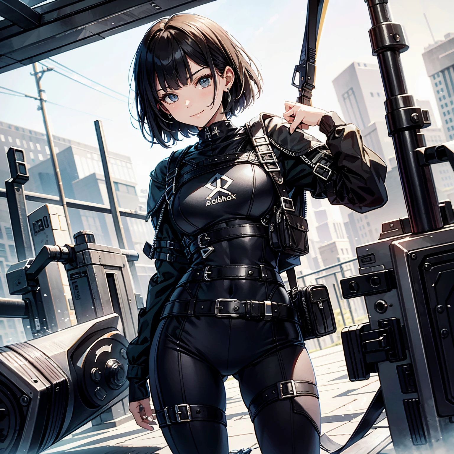 (masterpiece、highest quality、highest resolution、clear_image、detailed details): (whole body、18 year old female fighter,Slender、small face、black super bob short hair、Shiny black tight combat uniform,tight suit、Gentle smile、Backpack)
