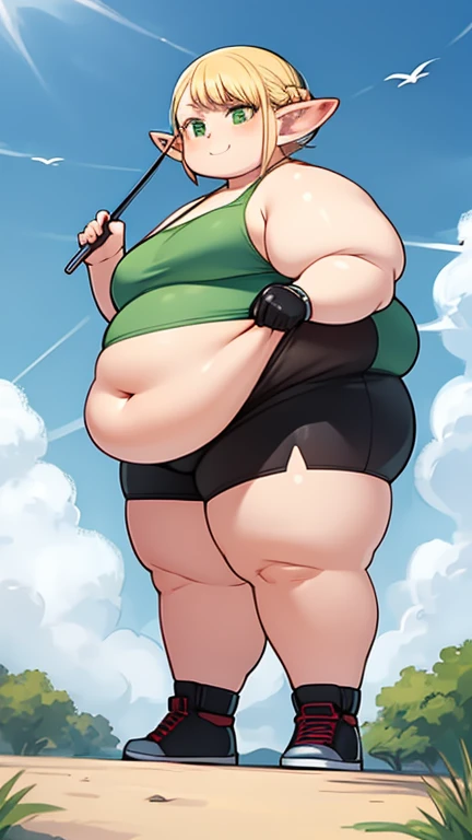 1 solo girl, chubby erufuda, short hair, pointy ears, obese elf, blonde hair, (green eyes:1.5), braid, weight balance, chubby body, ((Perfect body)), smile, hot, chubby belly, thick thighs, very cute, 4K