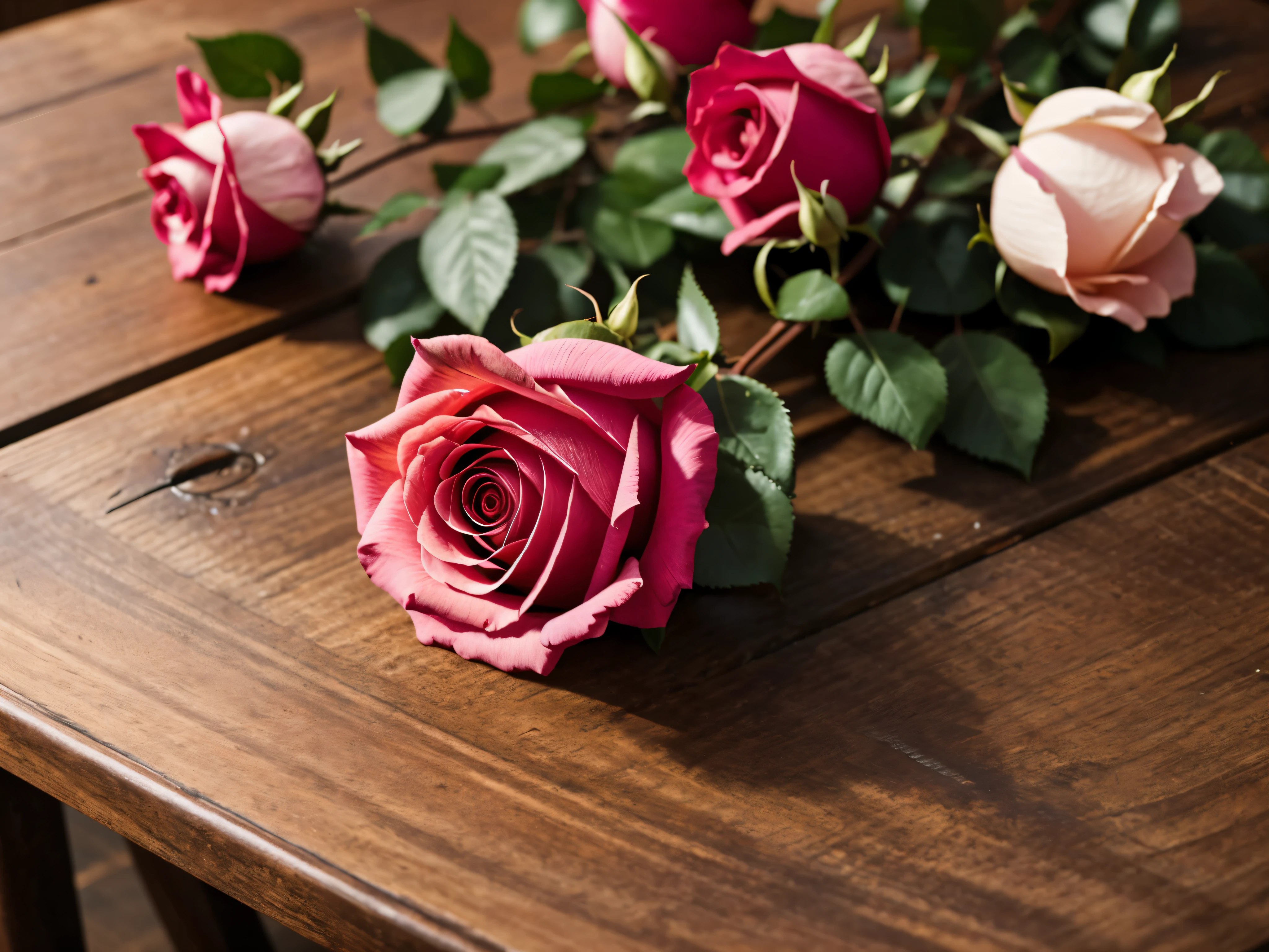 rose on a wooden table,  A few details