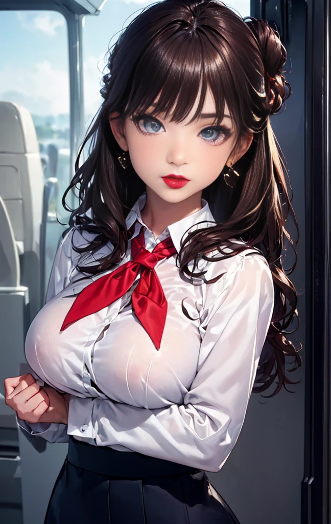 (((master piece,Best Quality,highest quality,Ultra-detailed,ultra high resolution,extremely detailed CG unity 8k wallpaper,Illustration,Detailed skin,Shiny skin,Realistic,Beautiful detailed eyes,luscious eyes,striking eyes,Perfect Anatomy, gleaming skin))),oily skin,1girl in,Solo, cabin attendant uniform,flight attendant uniform,light blue blouse,dark blue slit tight skirt,red neckerchief,earrings,high heels,stockings,middle hair,half updo,dark brown hair,red lips,(((upper body))),(((half updo,red lips))),large breast,skirt lift,